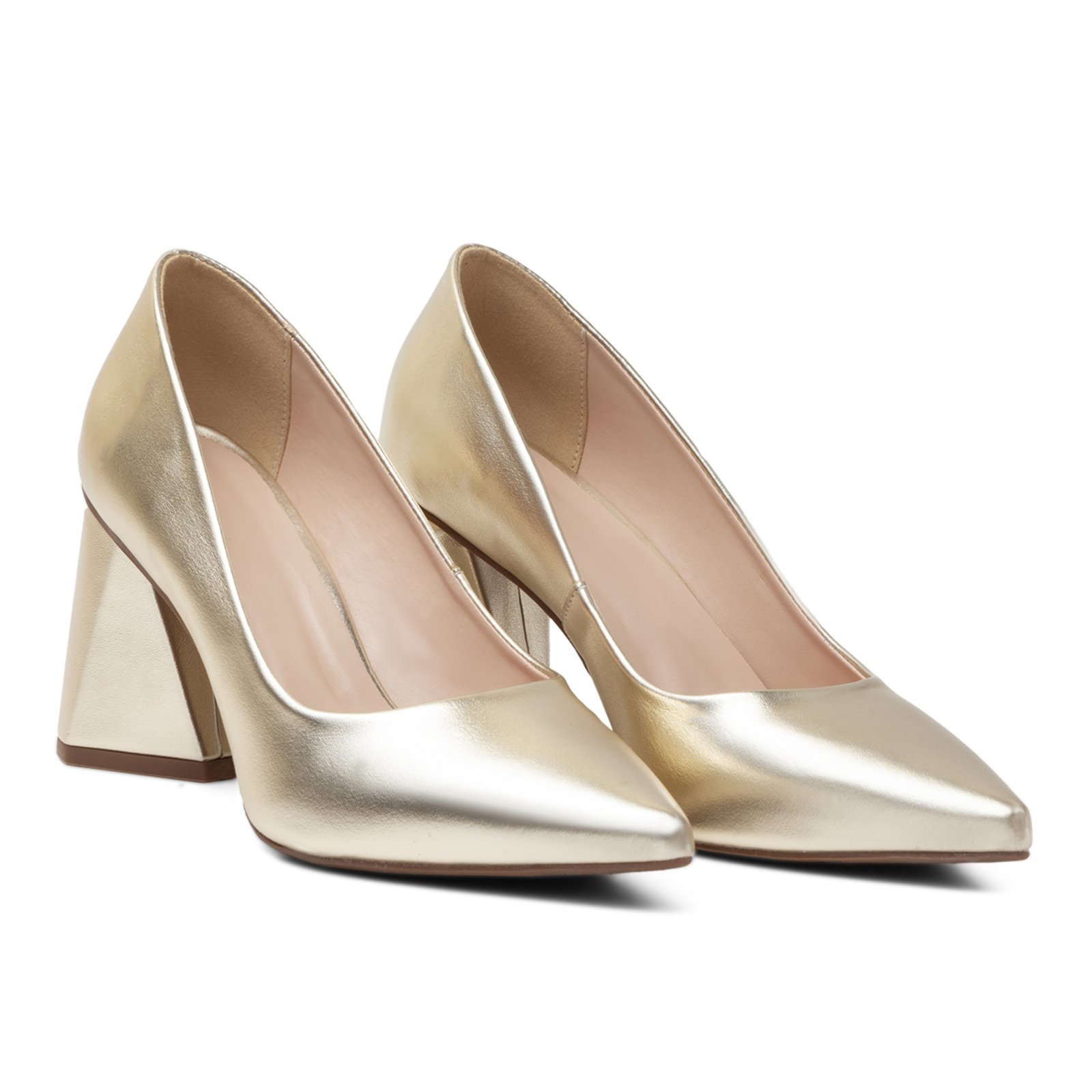 Sapato Feminino Scarpin Salto Triangulo Napa Ouro Light 183100