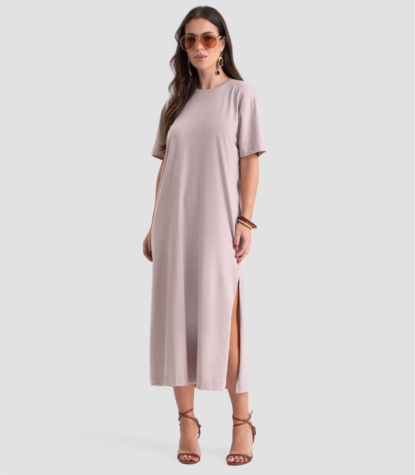 Vestido Super Midi Com Fendas Laterais Bege