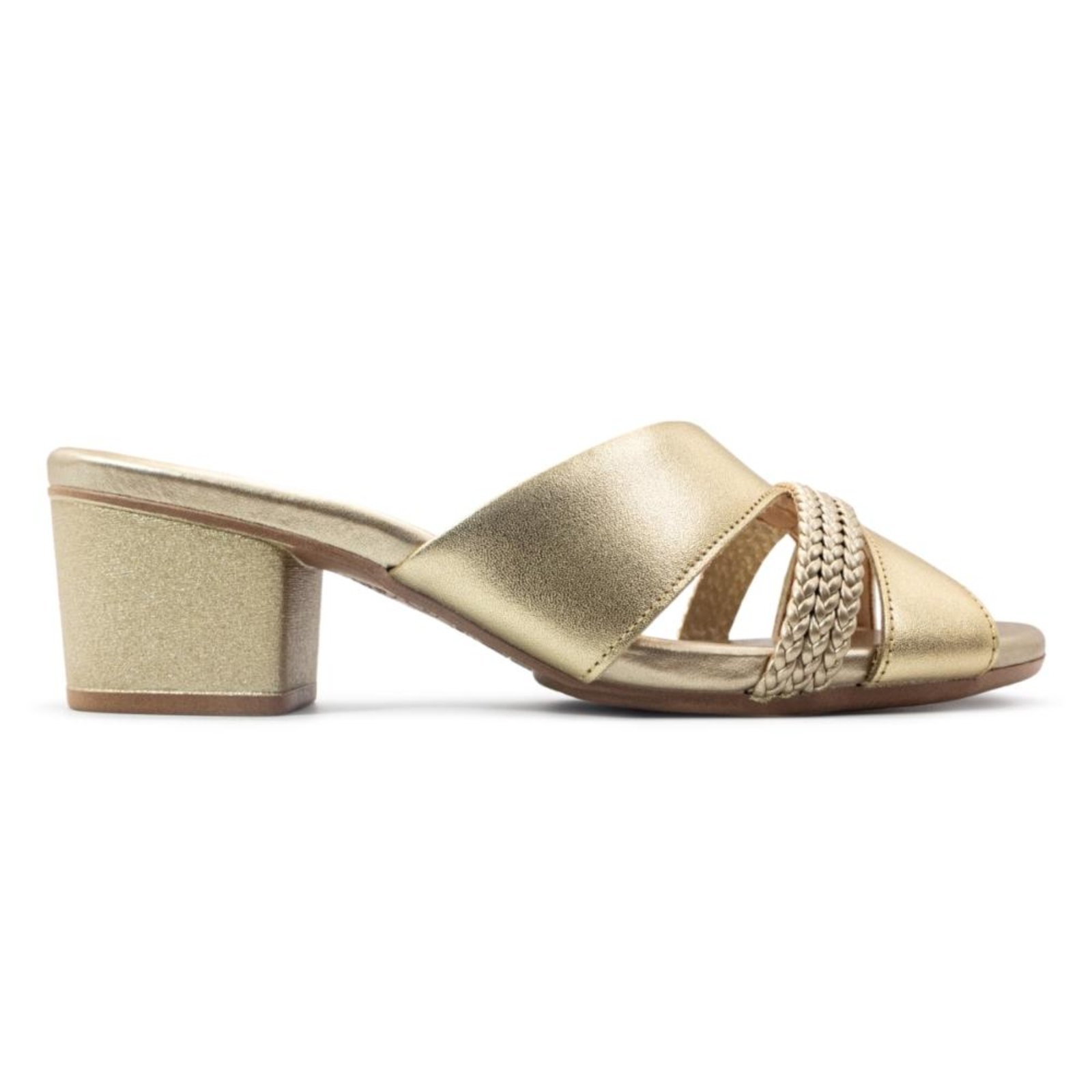 Tamanco Usaflex Feminino Salto Bloco Couro Tira Trançada Casual AE32034 Dourado
