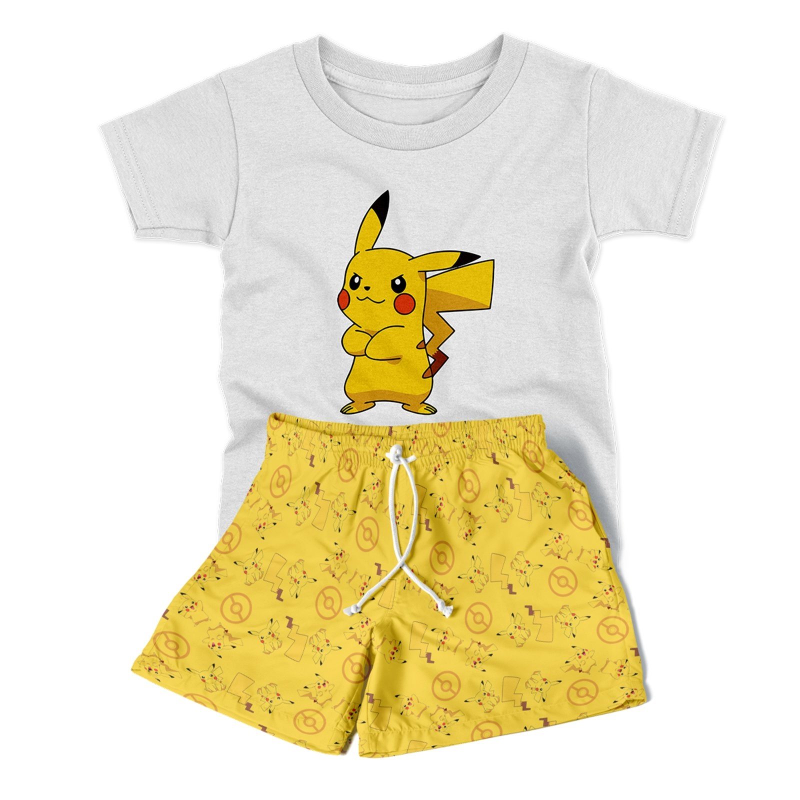 Infantil – Conjunto Menino ou Menina 2pçs Camiseta Manga Curta e Shorts Personagens Picachu Amarelo
