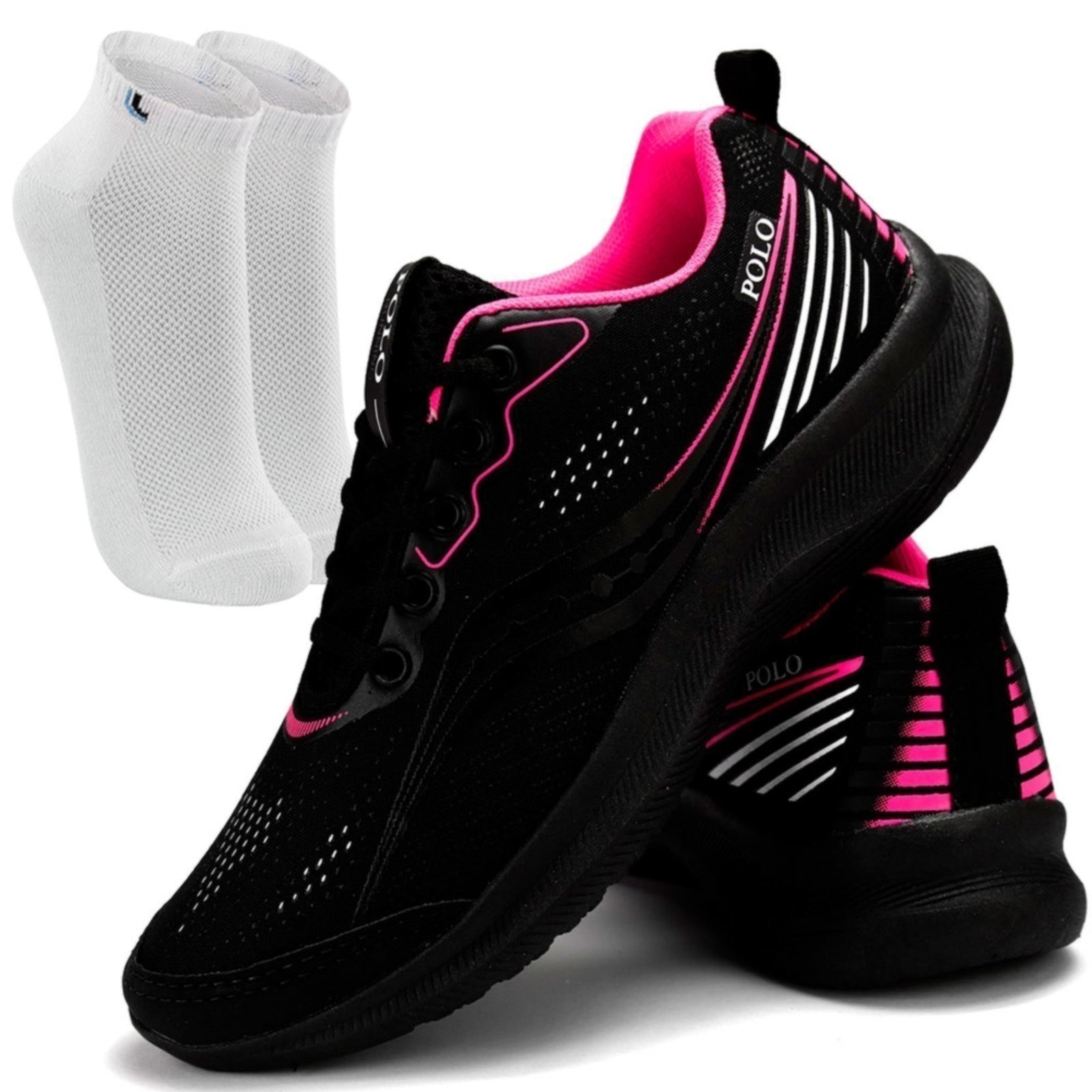 Kit Tênis Feminino Polo Running Academia Caminhada Preto Pink + Meia Lupo Algodão Branca