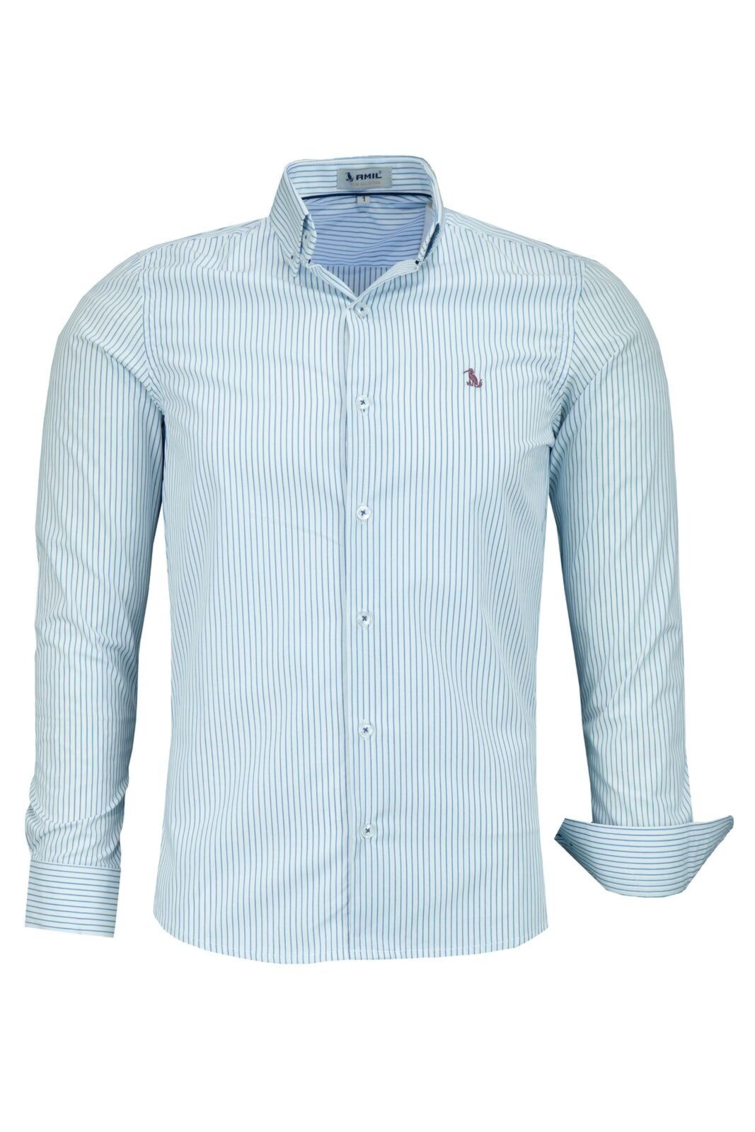 Camisa Listrada Social Masculina Manga Longa Amil Slim 1821