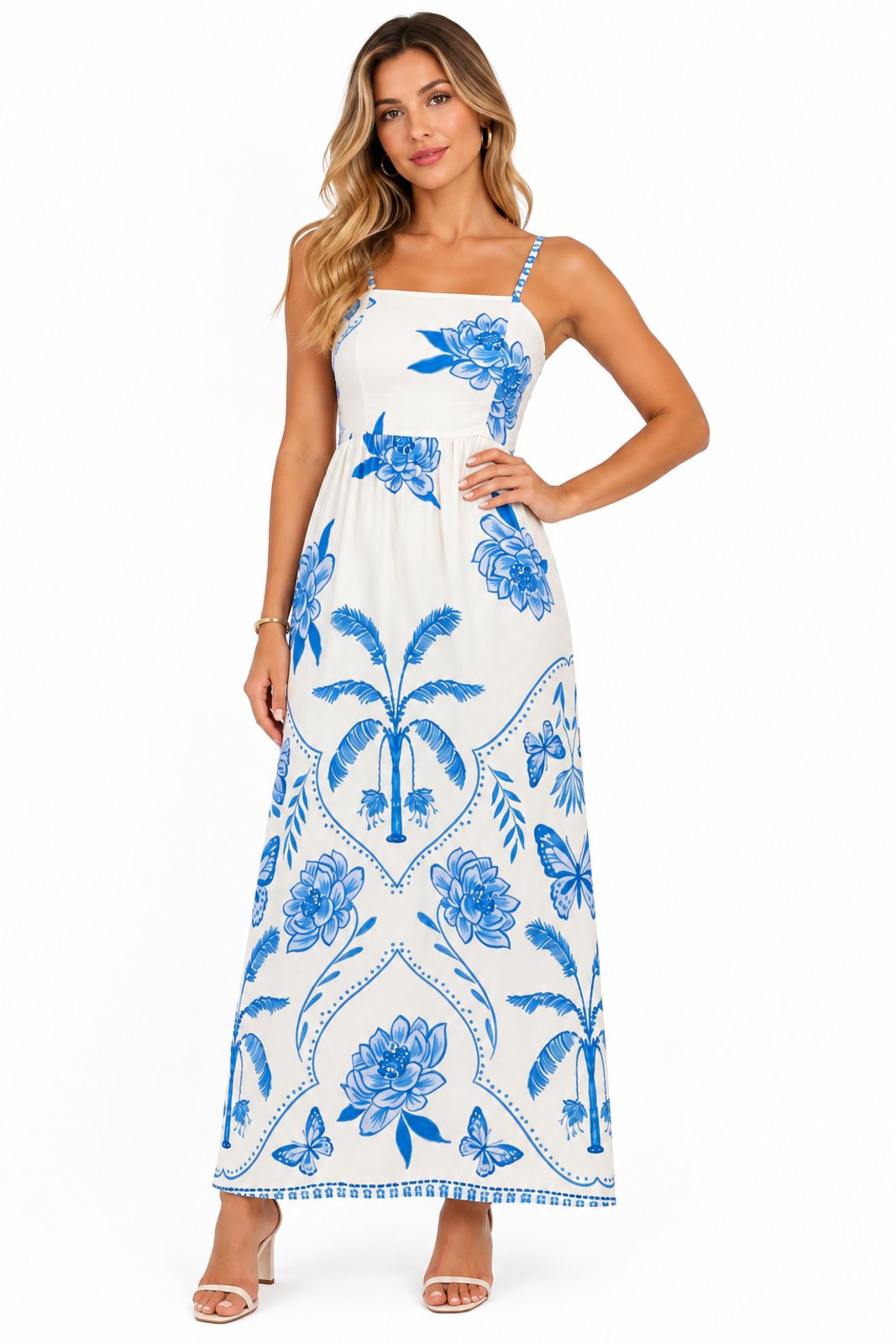 Vestido Longo D Bell Outlet Fashion Alças com Estampa Toile Azul