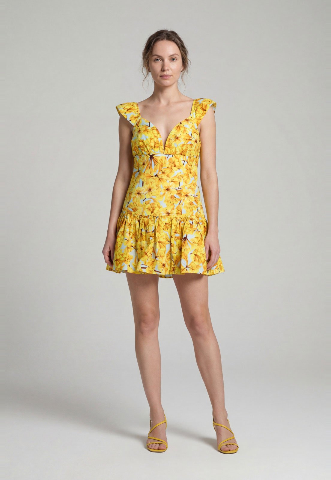 Vestido Feminino Lança Perfume Estampado Alças Babado Amarelo