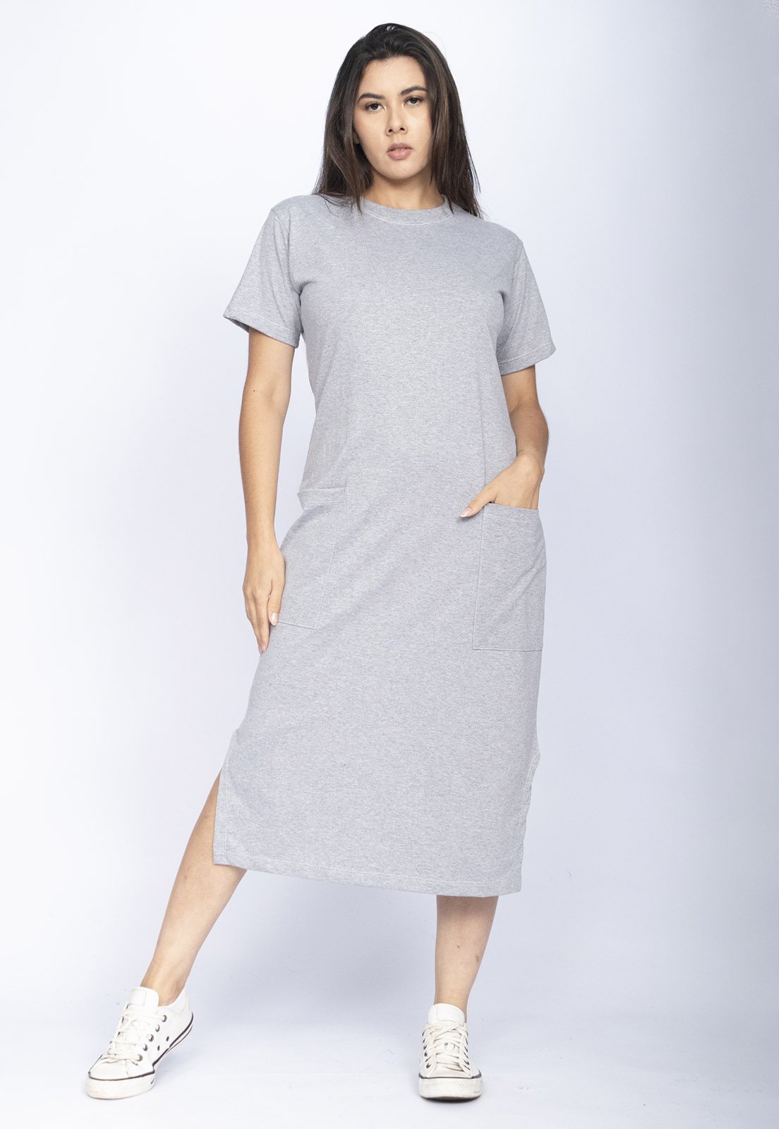 Vestido Cabanafree Midi Easy Algodão Manga Curta Mescla