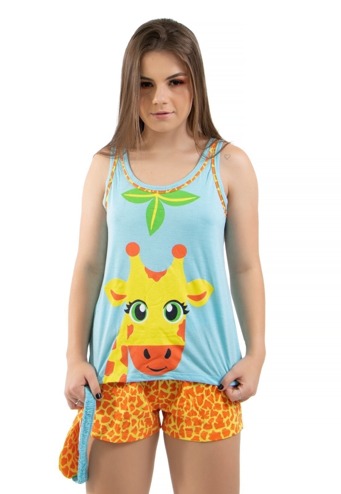 Baby Doll Estampado Estampa Girafa Pijama Curto Short e Regata Verão 4 Estações Amarelo