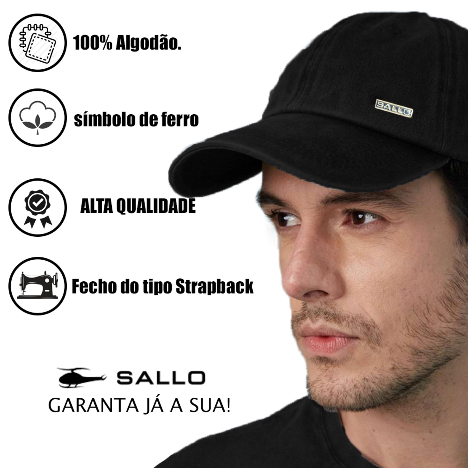 Vista 3 Boné Sallo Aba Curva Com Logo de Ferro OriginalPreto Sallo preto