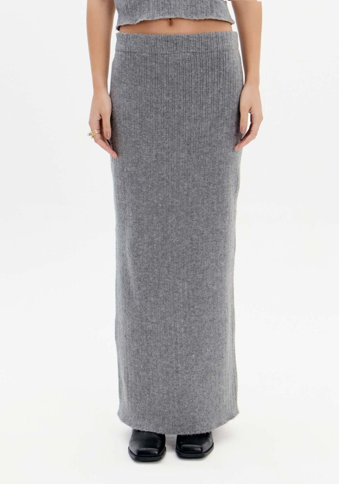 Vista 3 Saia Midi Com Fenda Tricot My Favorite Things cinza My Favorite Things cinza