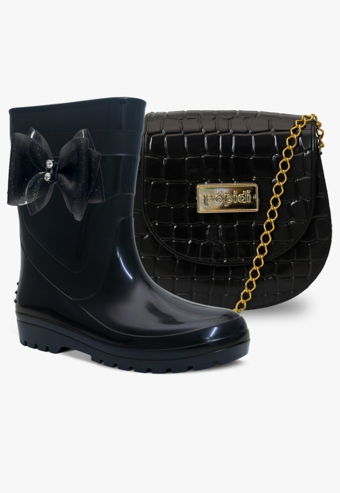 Infantil – Kit Bolsa e Bota Galocha Feminina Pópidi Menina Laço Glitter Preto