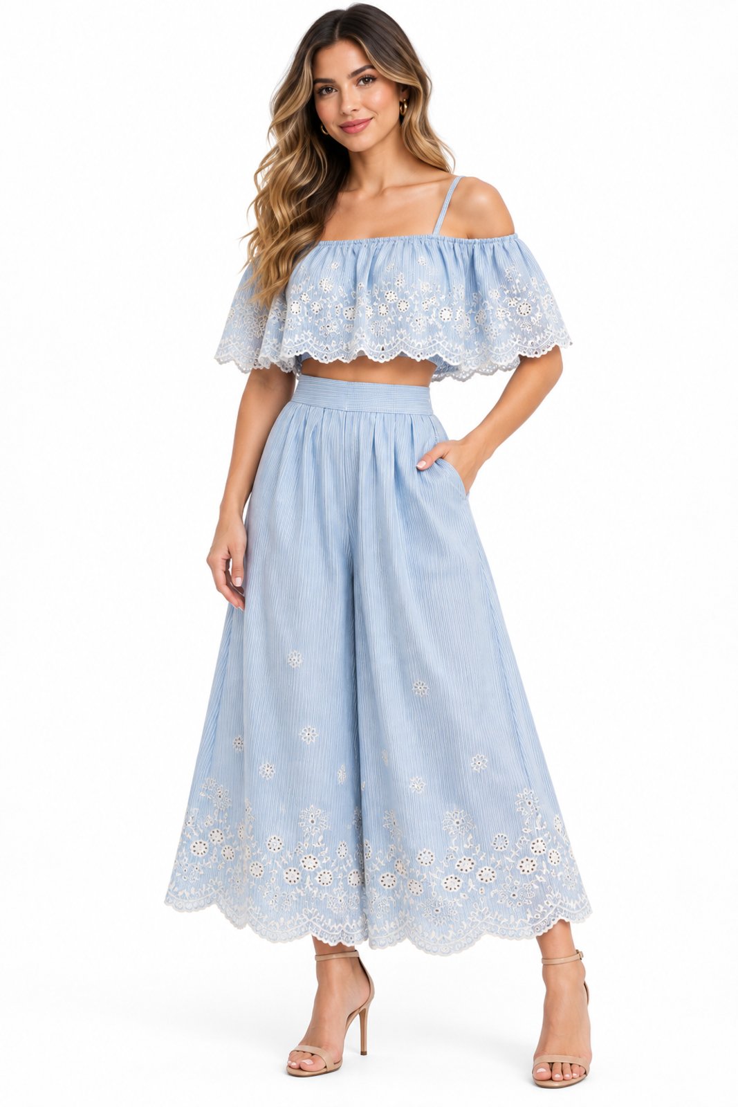 Conjunto Longo D Bell Outlet Fashion Bordado Linho Ciganinha Azul Claro