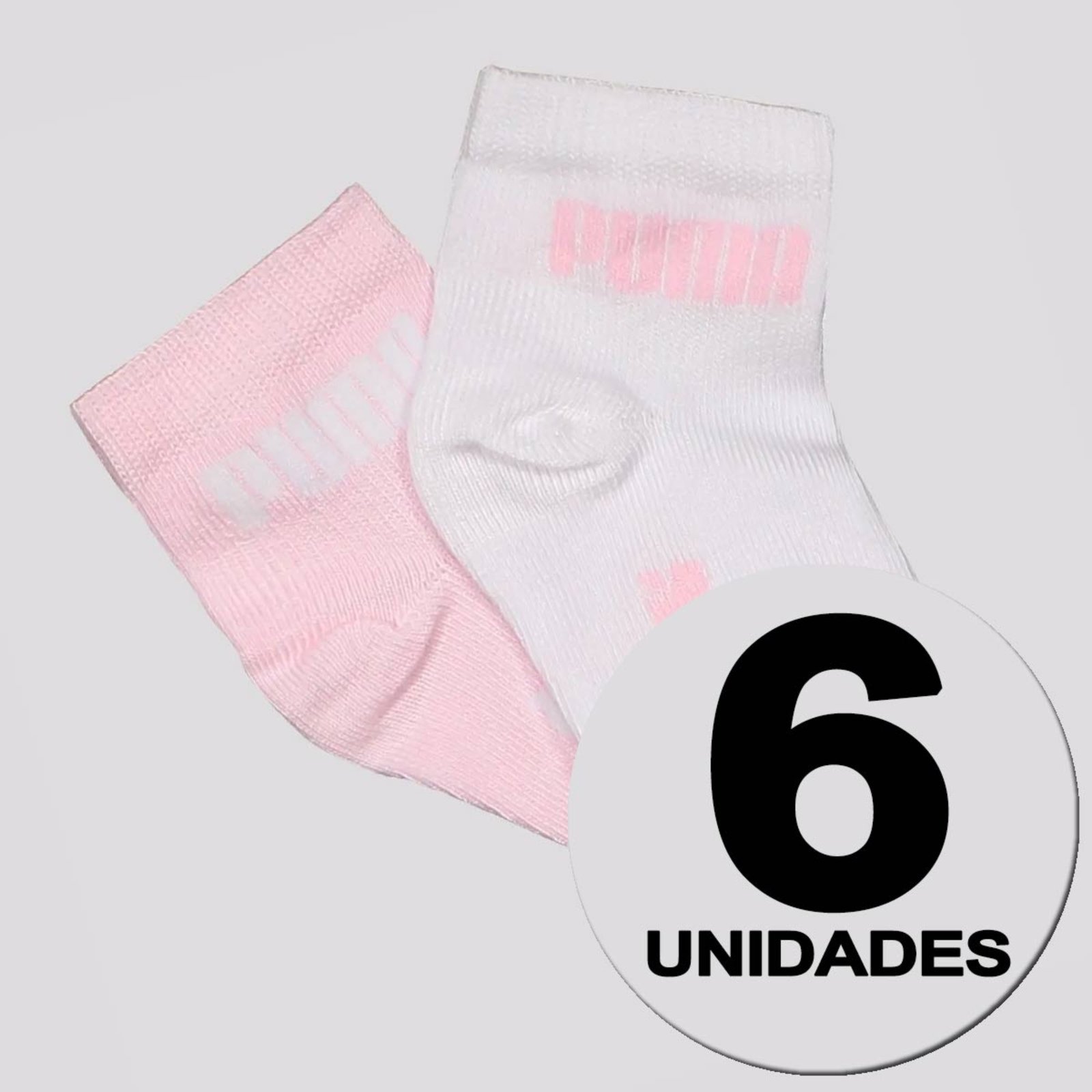 Vista 2 Kit Meia Puma Cano Médio 6 Pares Branca e Rosa branco rosa Puma branco rosa