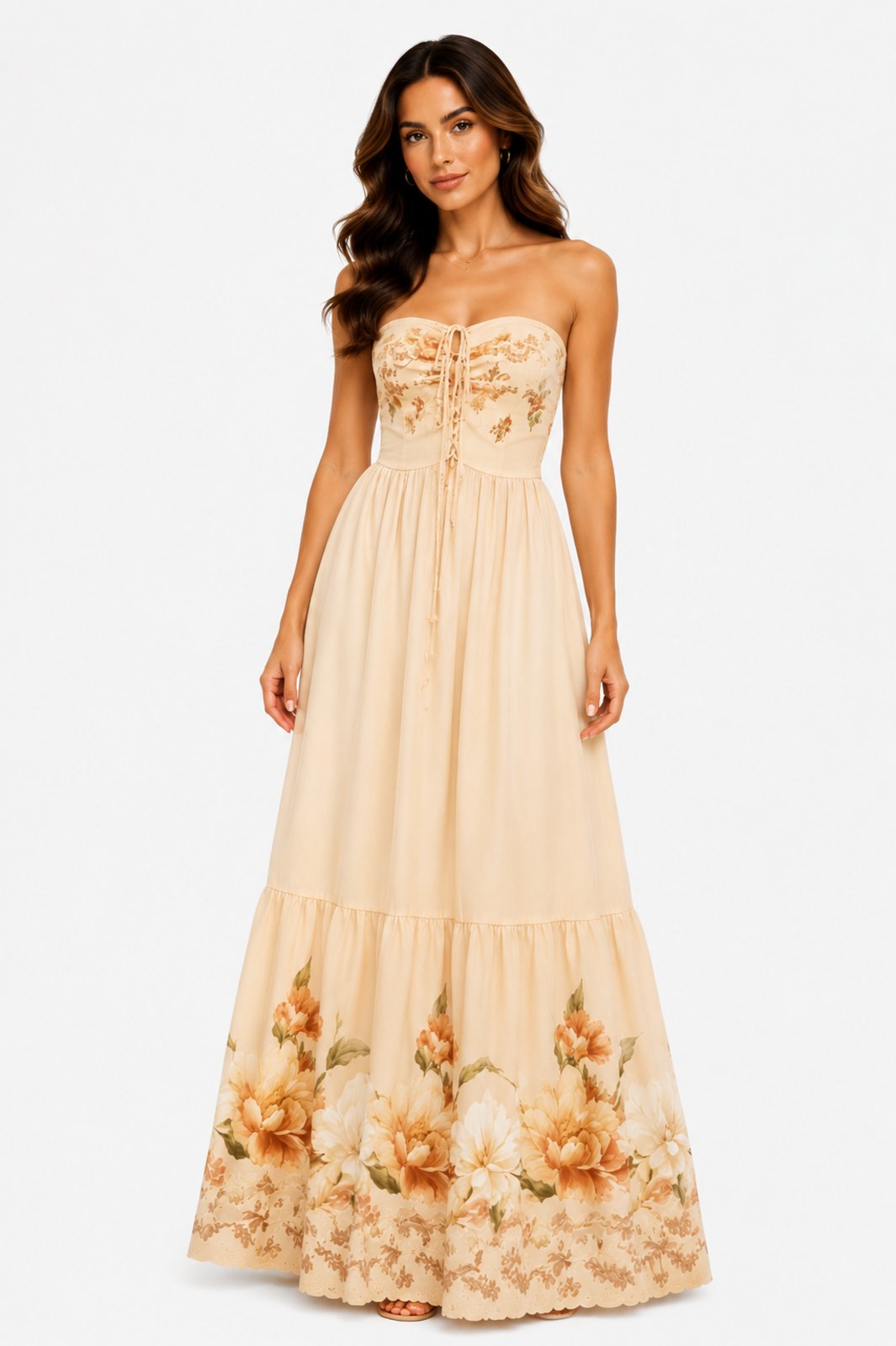 Vestido Longo D Bell Outlet Fashion Tomara Que Caia Floral Bege