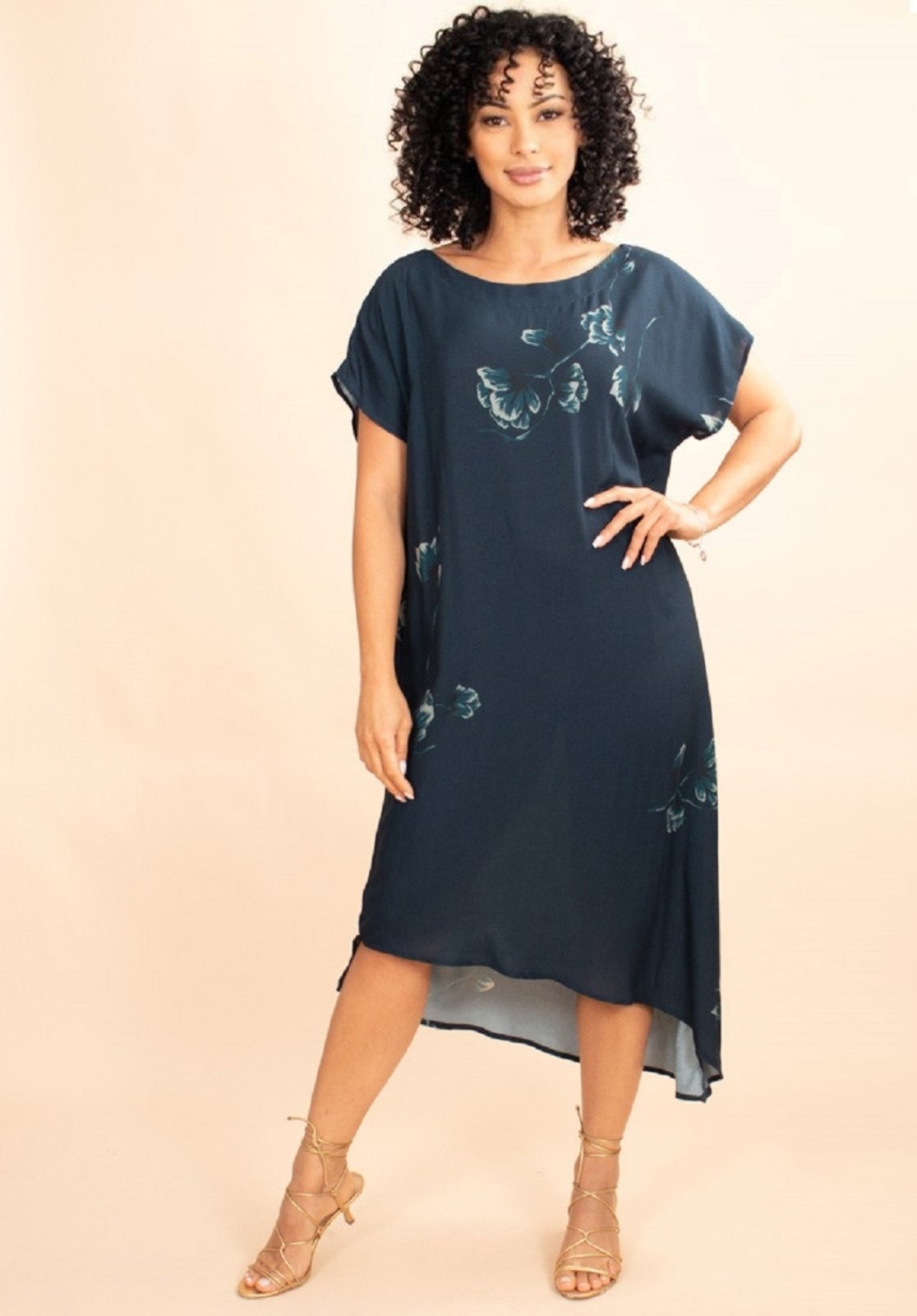 Vestido Midi Plano Pétalas De Azul Marinho
