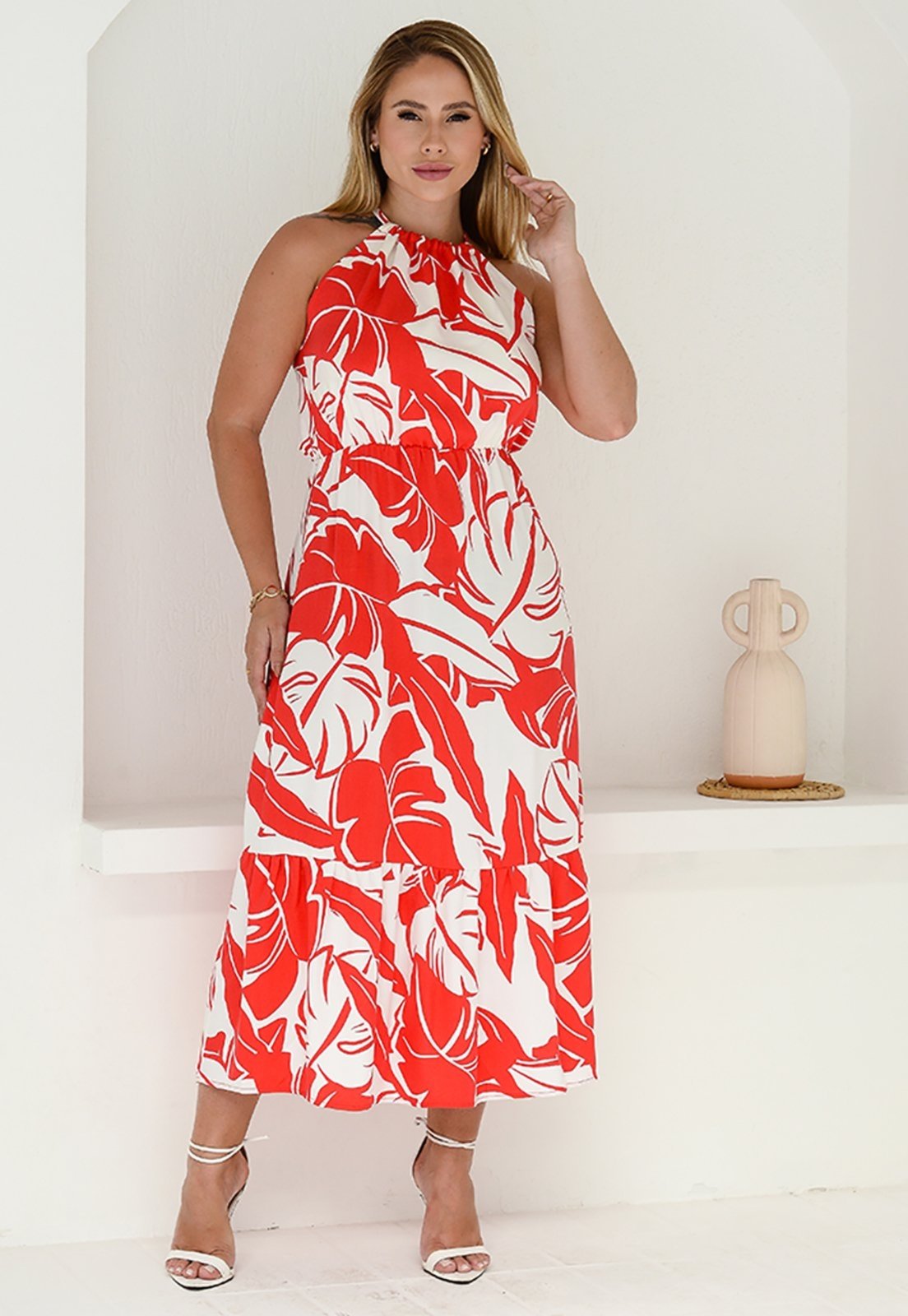 Vestido Midi Cava Americana B’Bonnie Anahi Estampa Vermelha