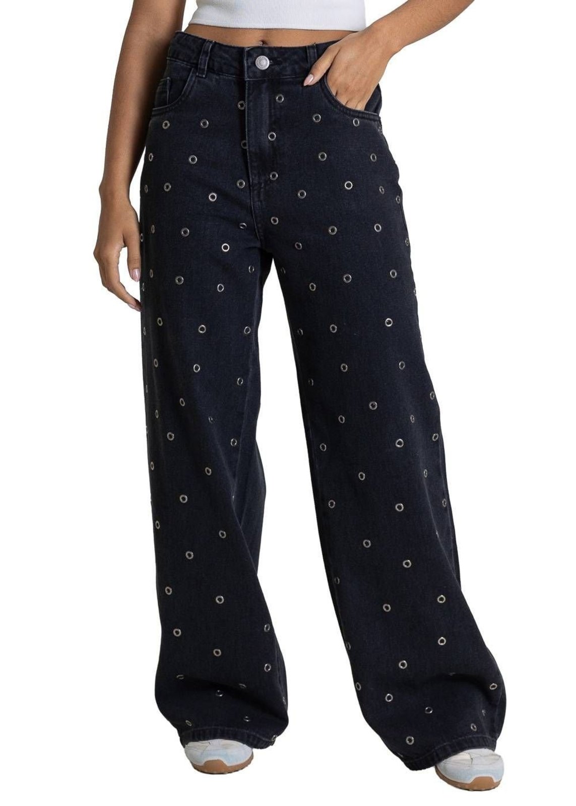 Calça Jeans Sawary Wide Leg Petit Ilhós - 283614 - Preto - Sawary