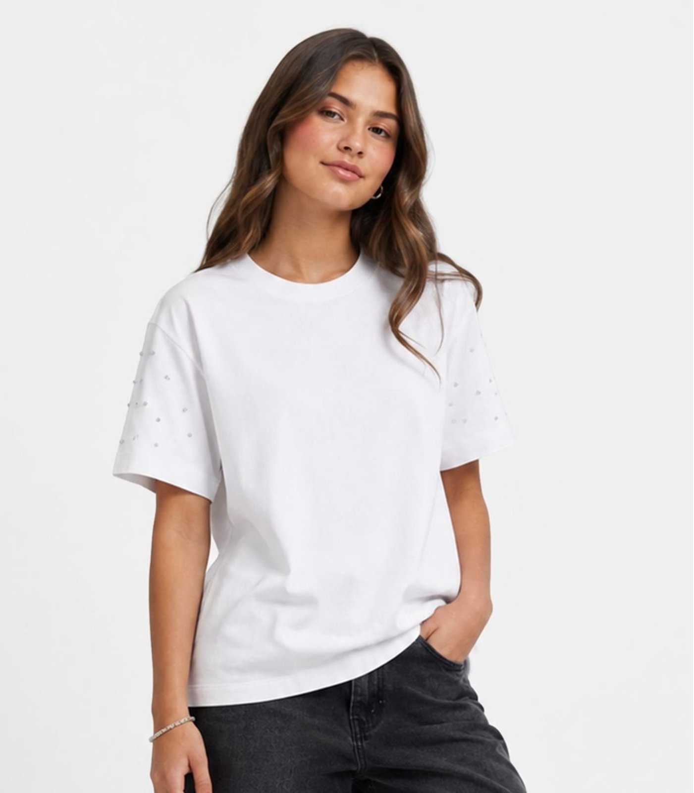 Infantil - T-Shirt Feminina Com Rebite E Strass Minty Branco
