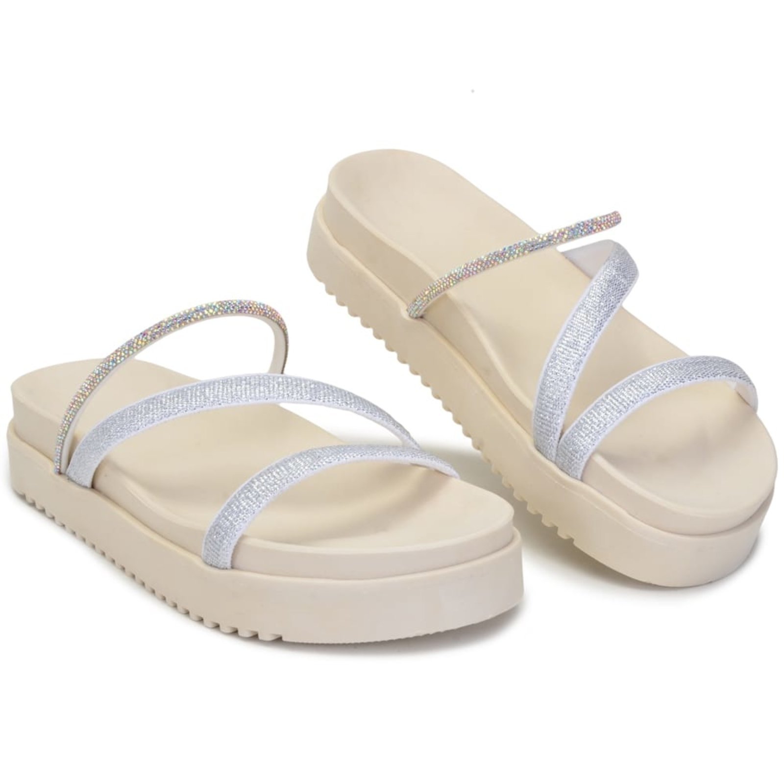 Sandalia Feminina Papete Strass Sola Alta Bege