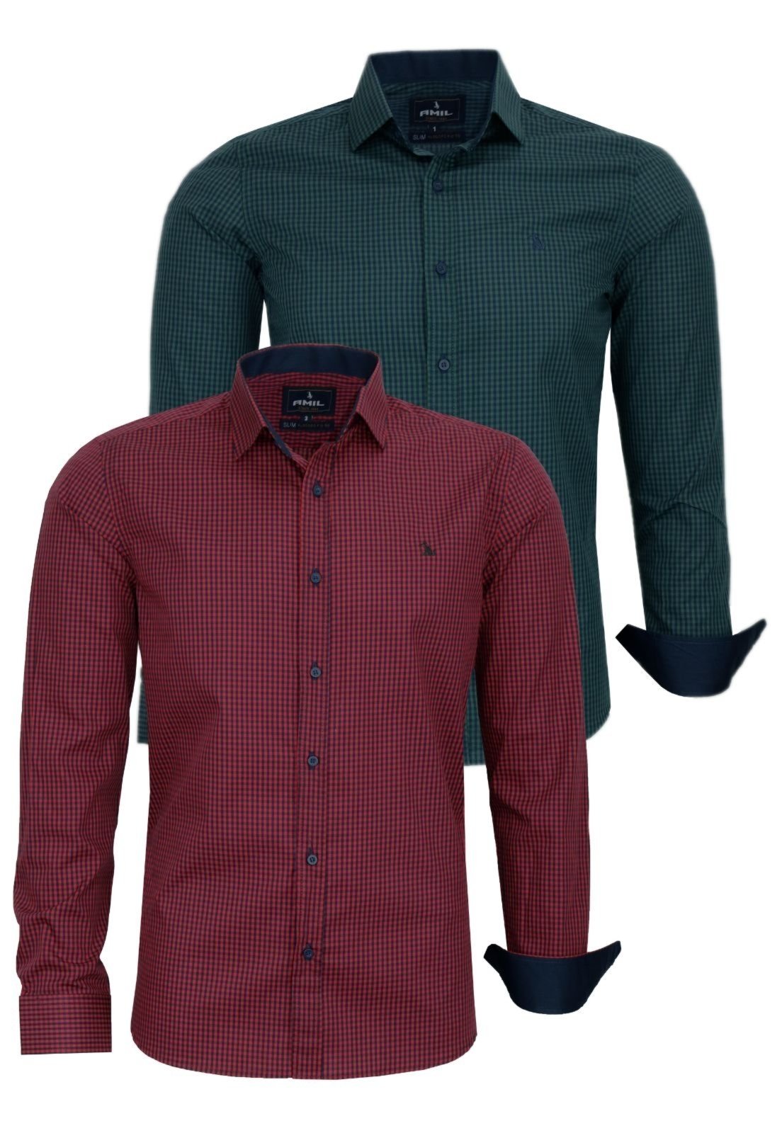 Kit 2 Camisas Manga Longa Algodão Slim 1749 Cor 10 e Cor 12