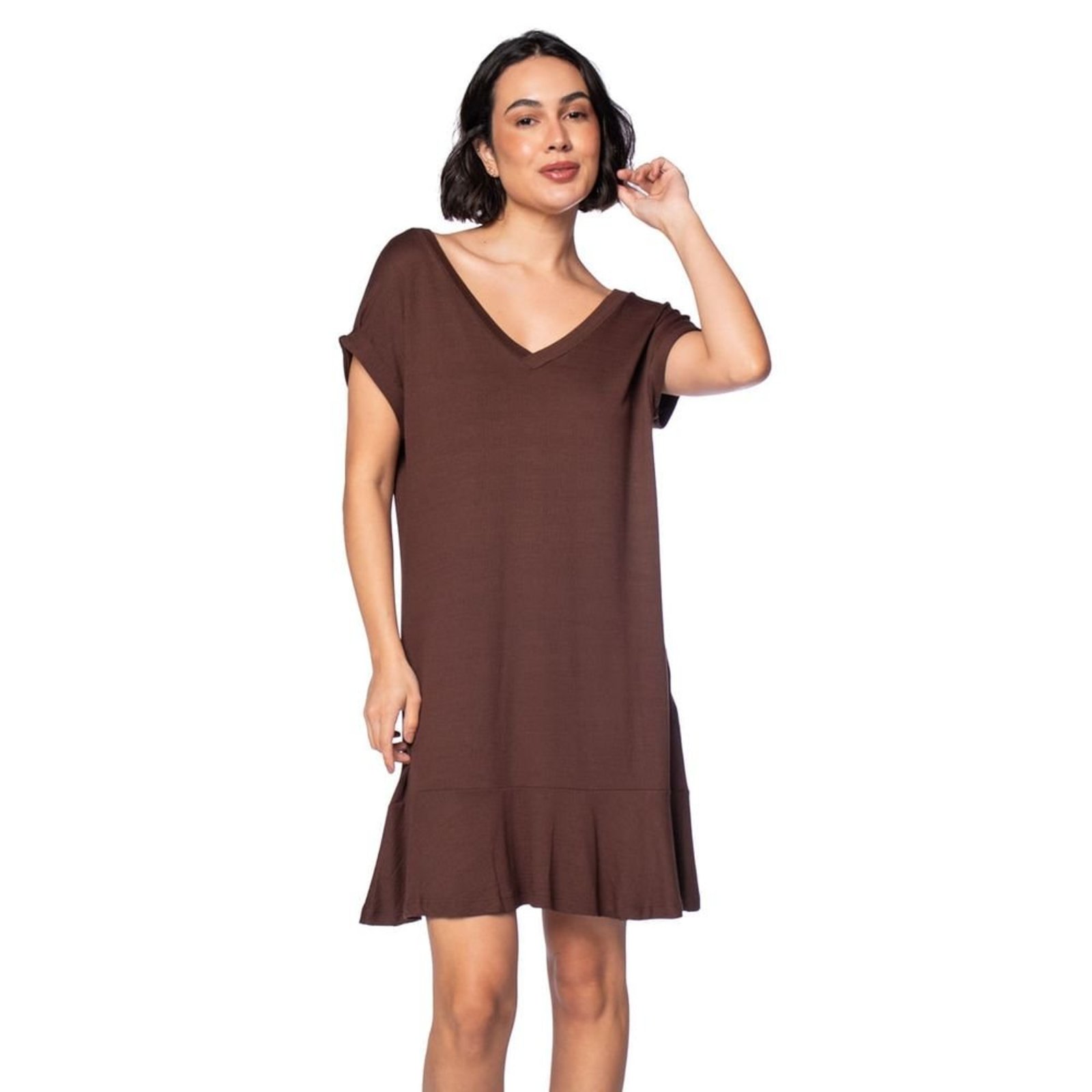 Vestido Feminino Averzzy Curto Malha Babado Marrom