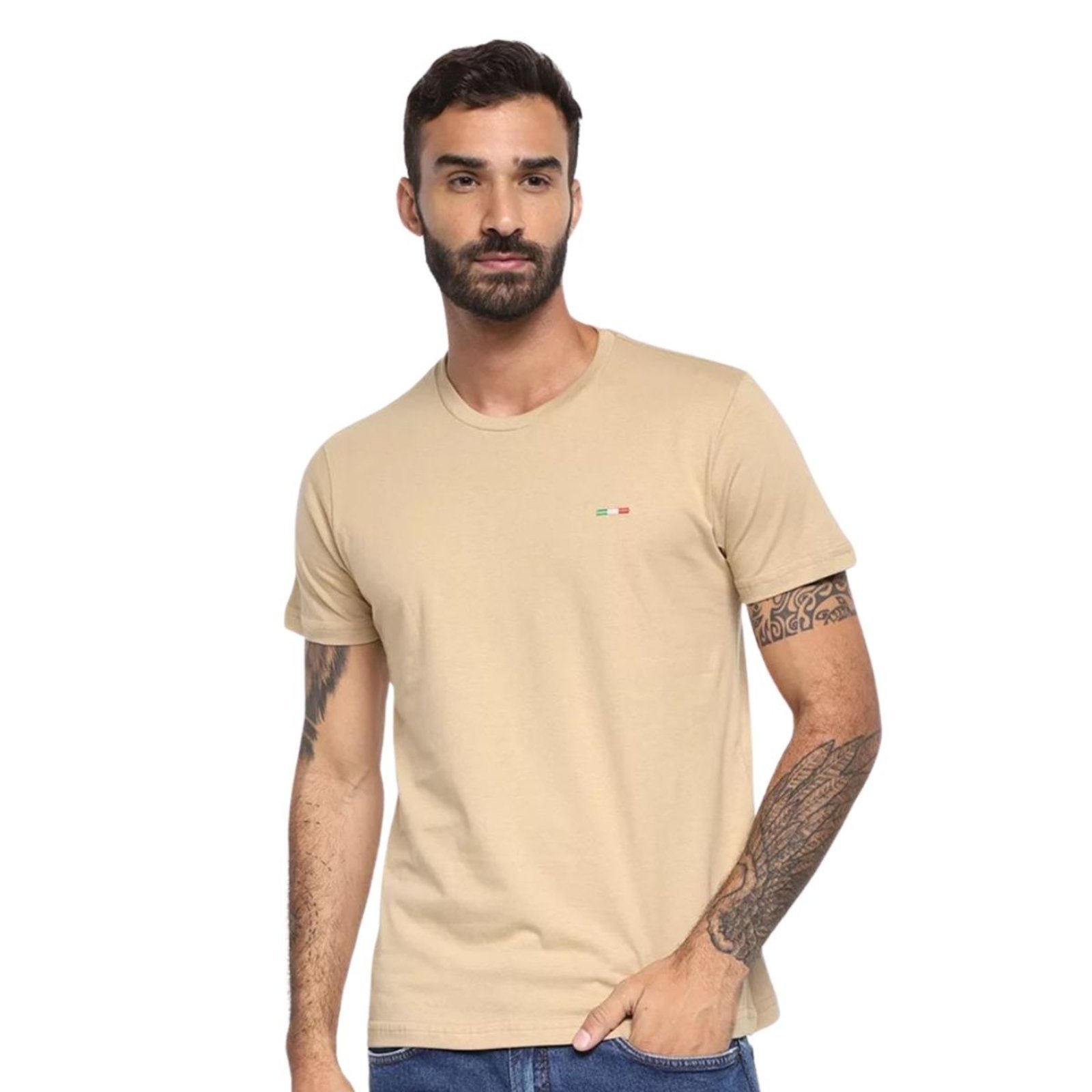 Camiseta Masculina Básica Industrie com Bordado no Estilo Tommy Algodão Premium Itália Bege