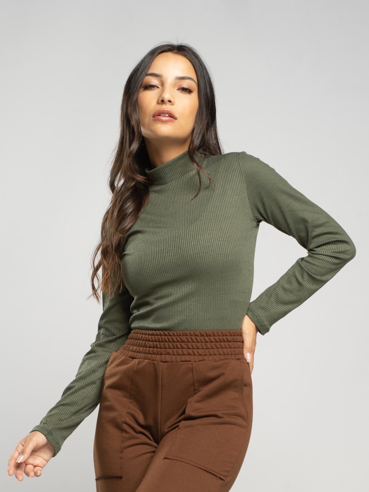 Blusa Feminina Canelada Gola Alta Manga Longa Básica Vicbela Verde