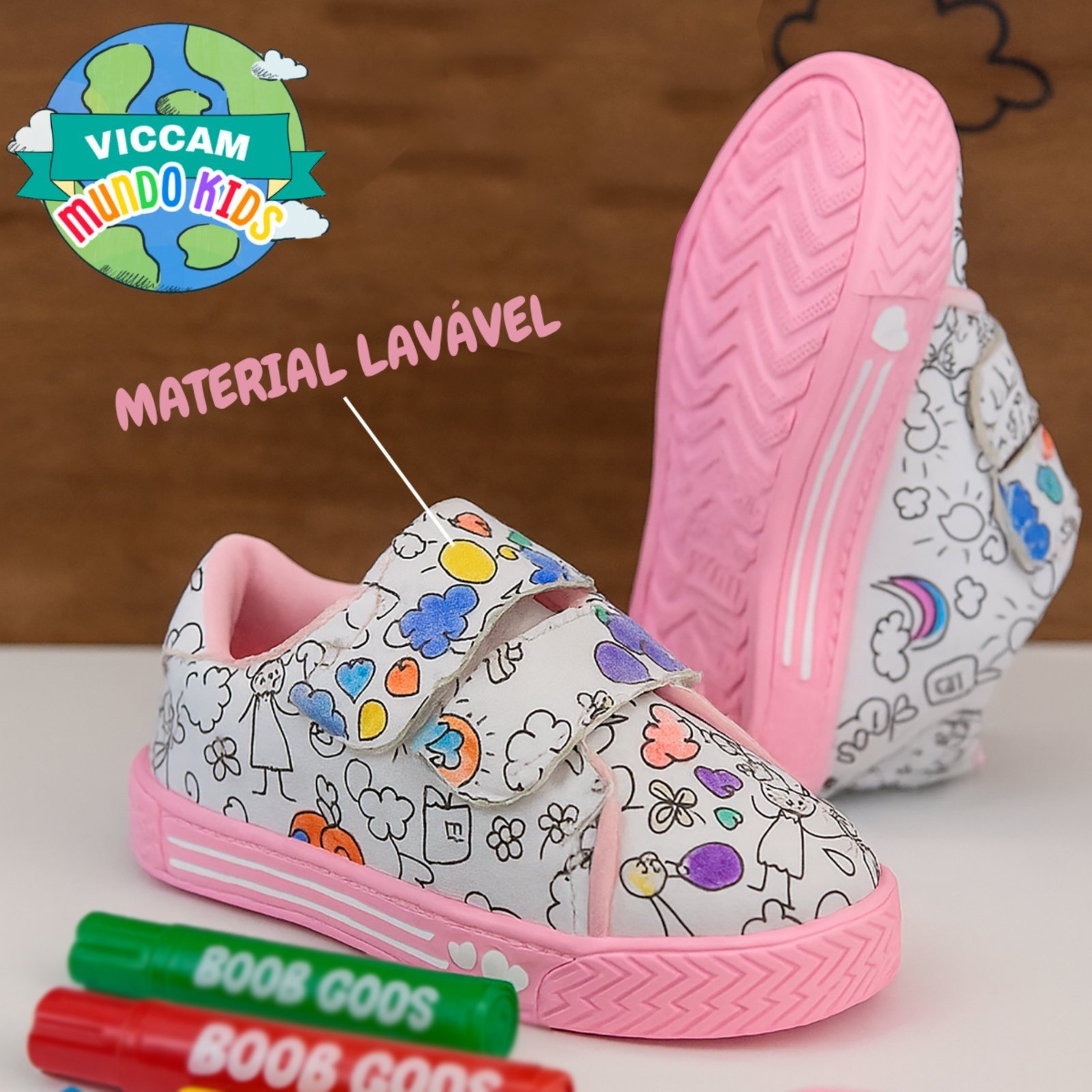 Infantil – Tênis Menina Kiath Para Colorir Casual Volta as Aulas Confortável Macio Fechamento Fácil Estampado /Rosa