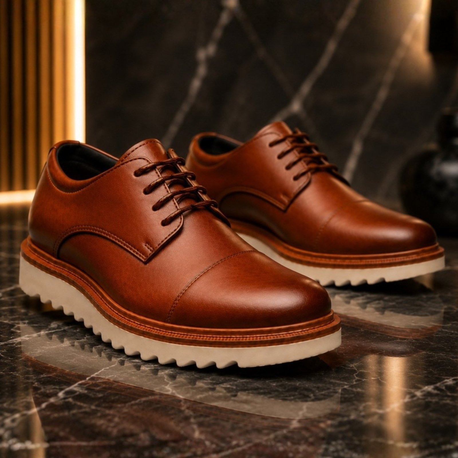 Sapato Social Oxford Masculino GuGi Couro Sintetico Solado Tratorado Premium 5401-GG Caramelo