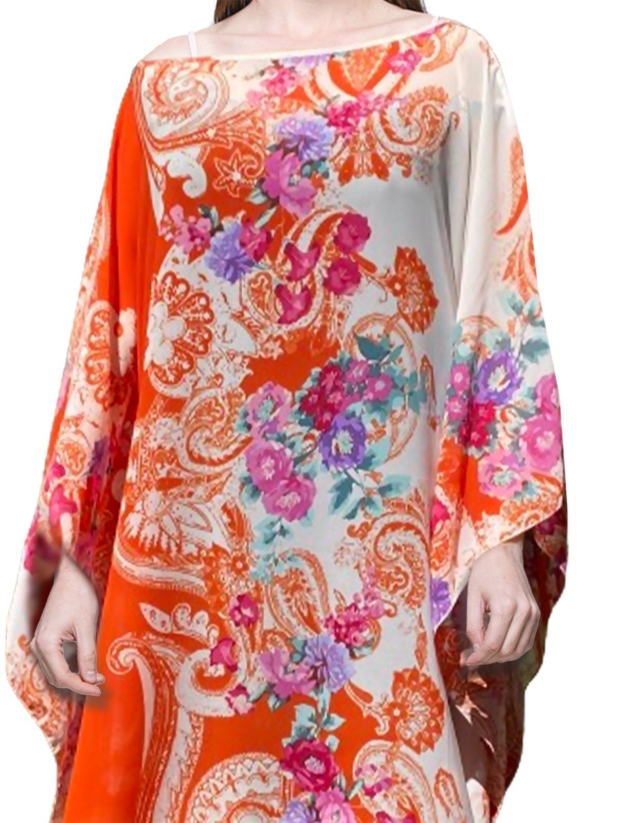 Saída Vestido Kaftan Amplo Crepe Semitransparente Estampado Lenço Laranja