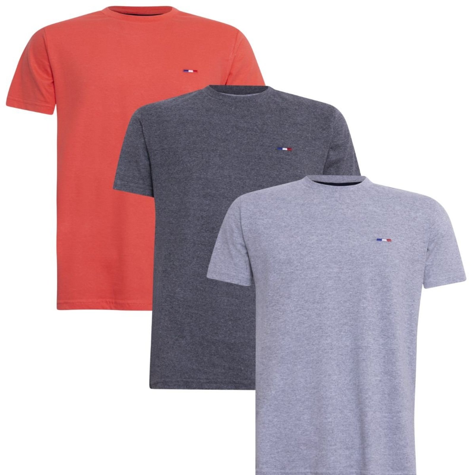 Kit 3 Camisetas Básicas Masculina em Algodão Premium Bordado França Cinza Chumbo Laranja Multicolorido