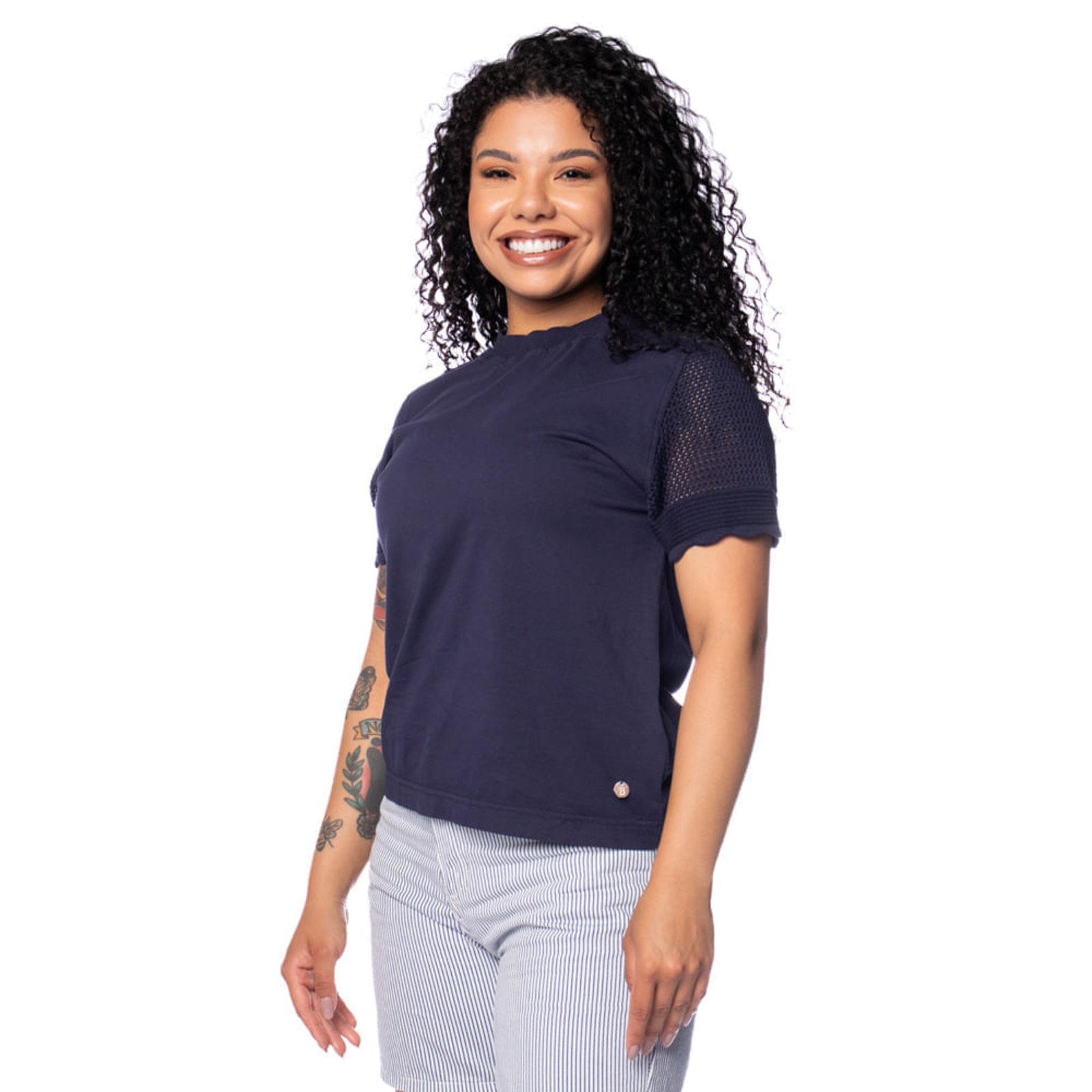 Blusa Feminina Biamar Algodão Mangas Vazadas Azul Marinho