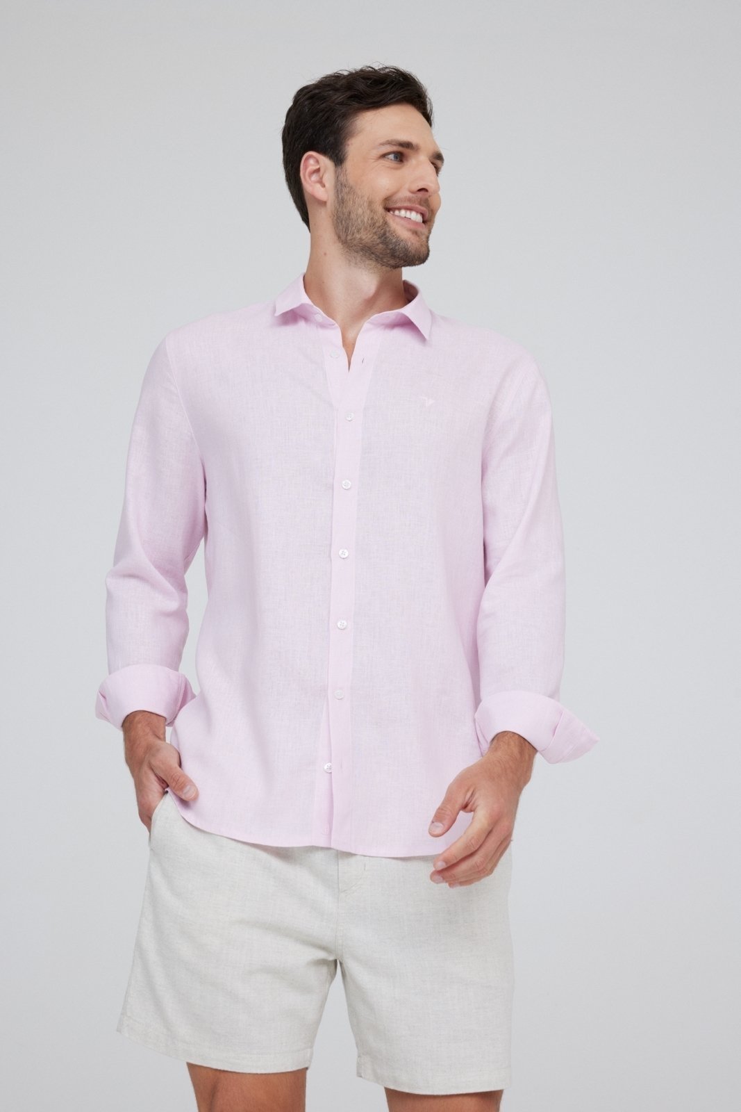 Camisa Linho Traymon Slim Manga Longa Rosa Claro
