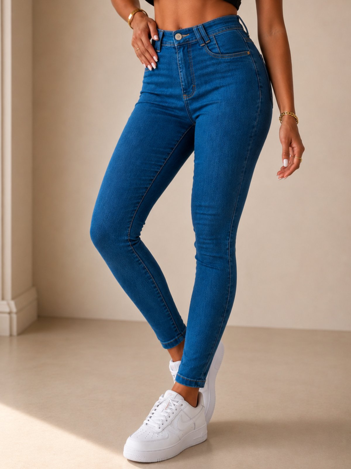 Calça Jeans Feminina Skinny Cintura Alta Purple Jeans Azul Escuro Premium Modela Corpo Confortável Com Elastano