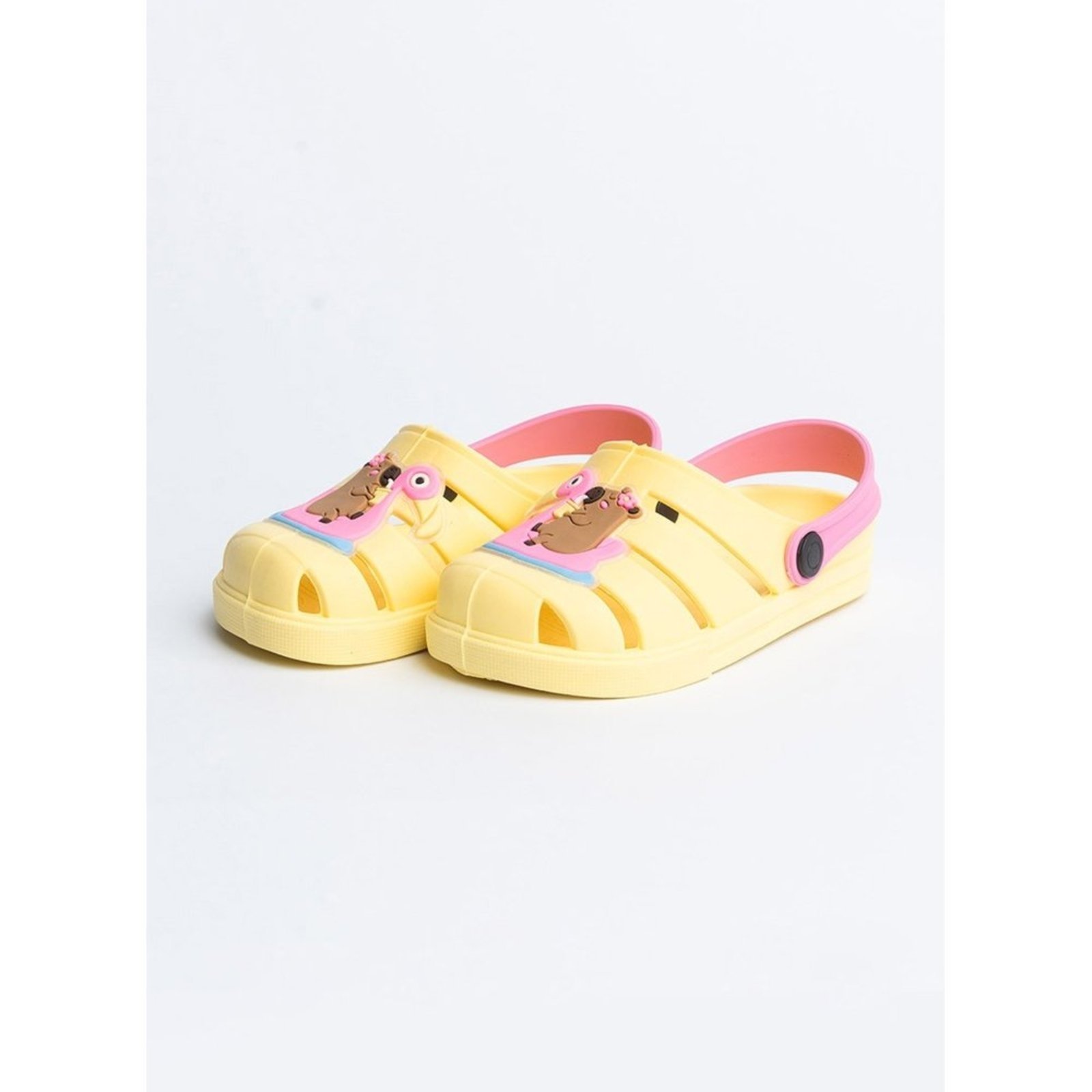 Infantil – Babuche Menina Amarelo com Tira Rosa Capivara no Flamingo