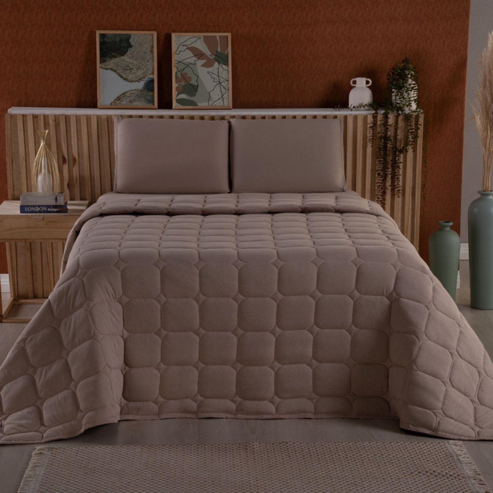 Kit Cobre Leito Colcha Casa Scarpa Livorno King Acolchoado Fofo Macio Malha Algodão 3 Peças - Bege