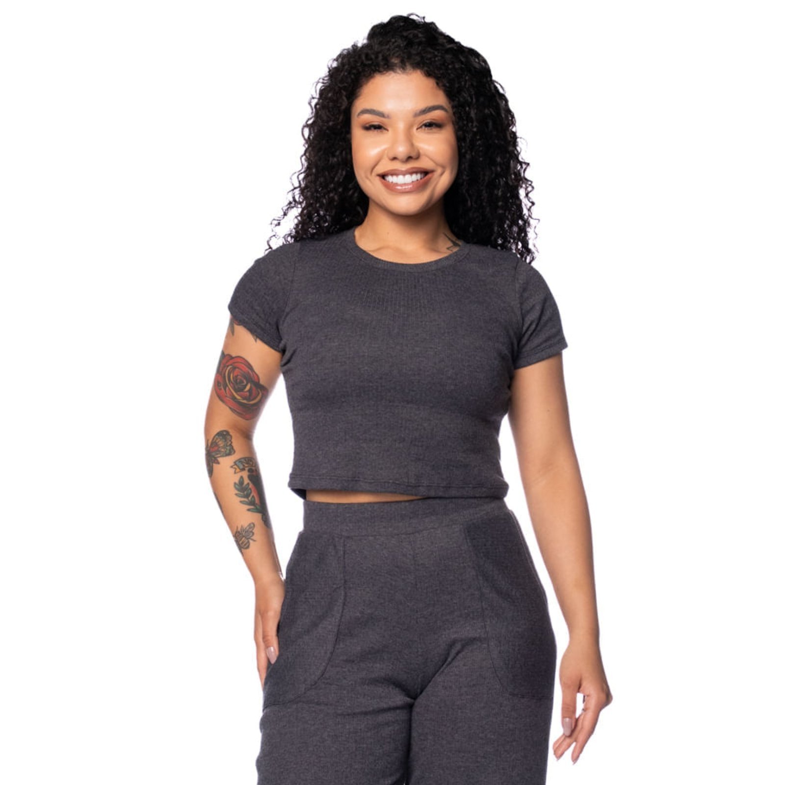 Blusa Feminina Habana Canelada Manga Curta Cinza