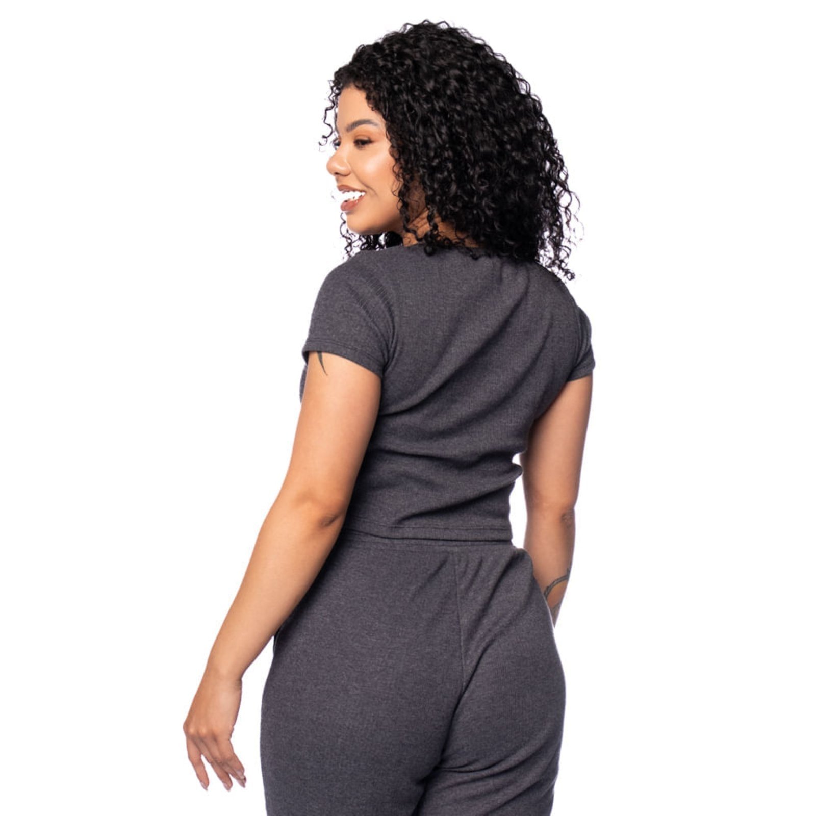 Vista 3 Blusa Feminina Habana Canelada Manga Curta cinza Habana cinza