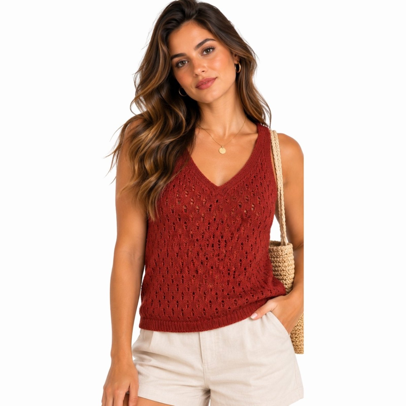 Regata Feminina Tricô Furadinho Gola V Casual Verão Marrom