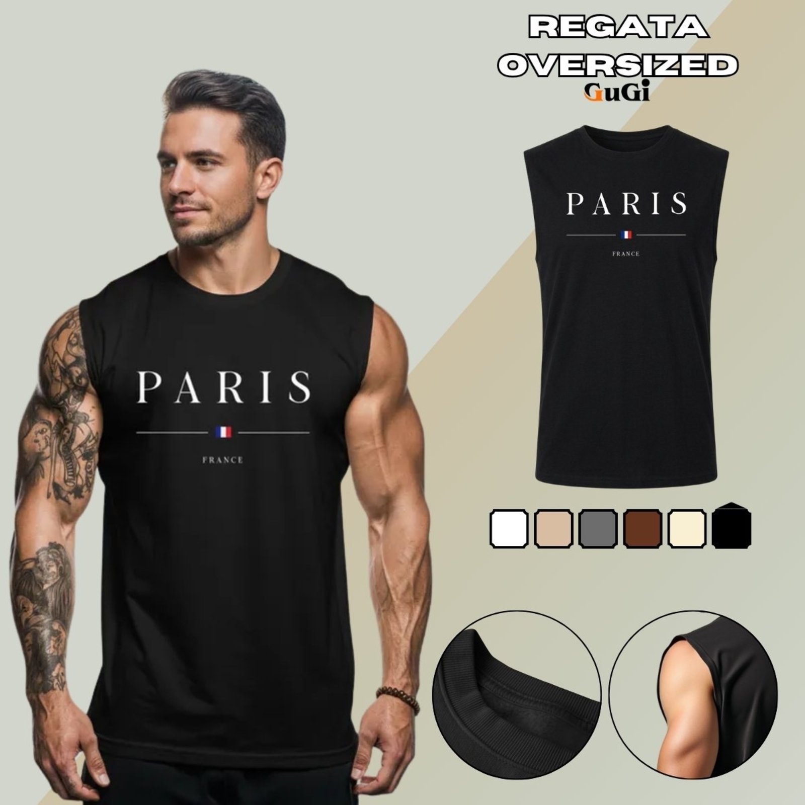 Camiseta Regata Masculina Oversized Estampada Cidade Paris 100% Algodão 30.1 Preto