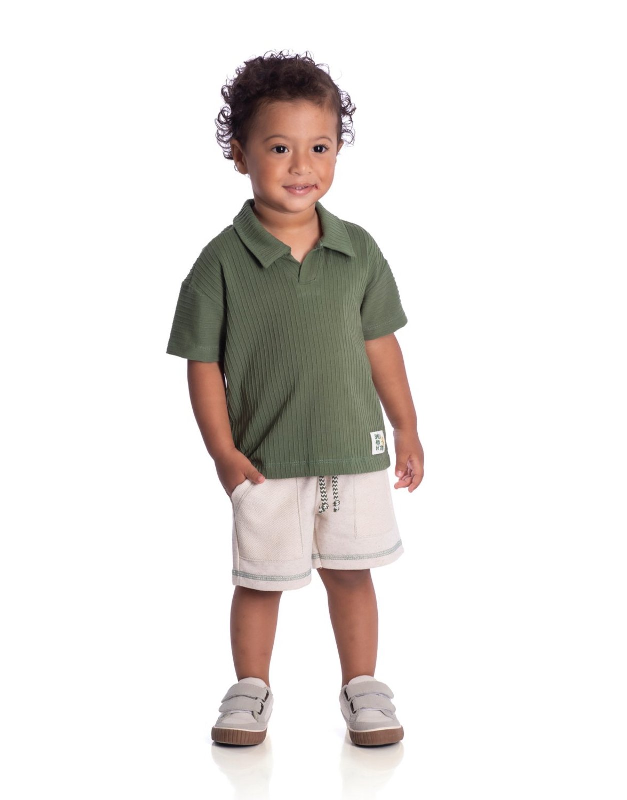 Infantil - Conjunto polo malha texturizada verde e bermuda moletinho linho