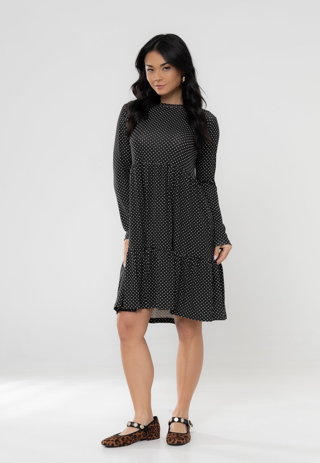 Vestido Aura Olívia Manga Longa Poá Preto