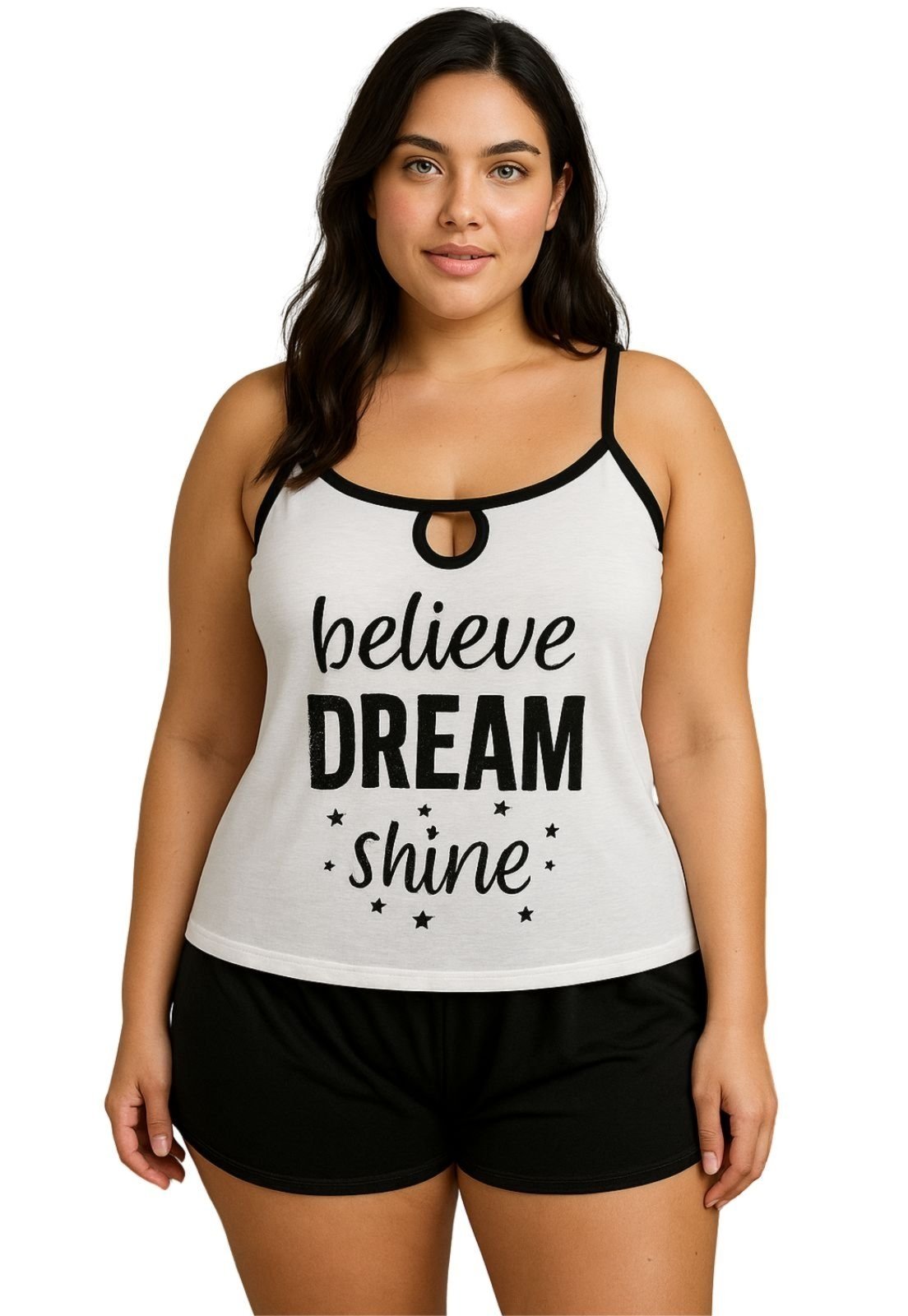 Pijama Plus Size Verão Short Curto Blusa de Alça Pijama de Calor Suzi 50 52 54 56 Preto