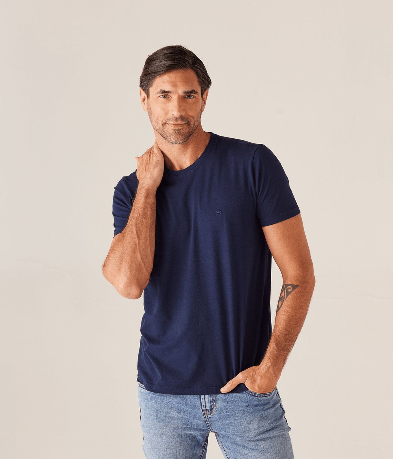 Camiseta Basica Manga Curta Decote Careca Masculina Azul Marinho