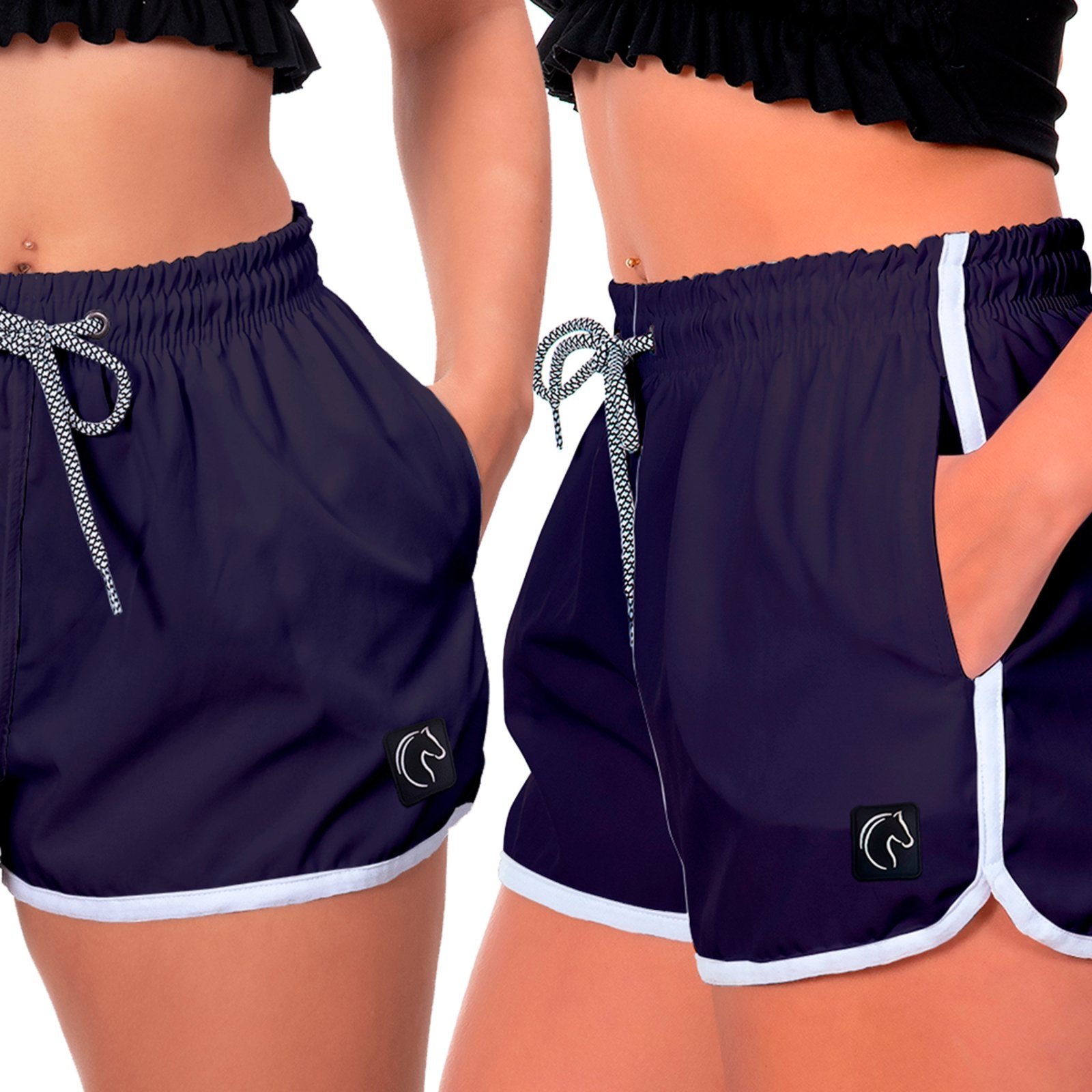 Kit 2 Shorts Feminino Premium Secagem Rápida com Elástico Cordão Ajustável e Bolsos Moda Praia Casual ou Treino Academia Azul Marinho