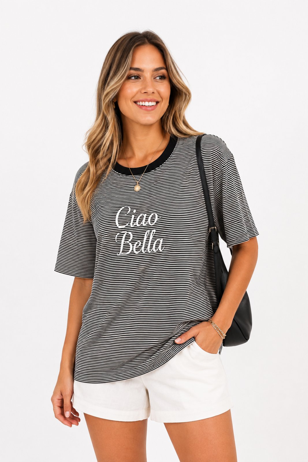 Camiseta Feminina D Bell Outlet Fashion Ciao Bella Listrada Preto