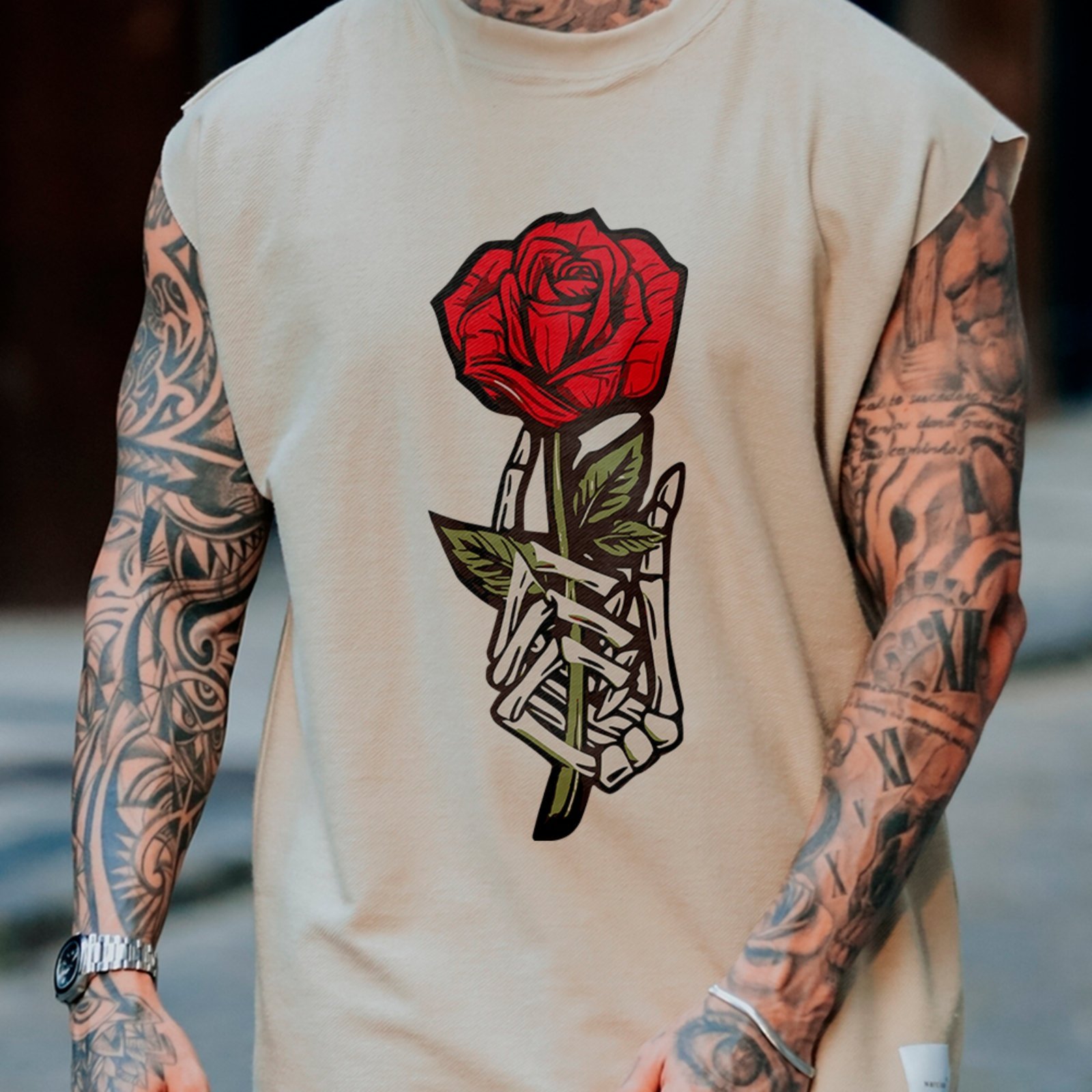 Camiseta Regata Machão Skeleton Rose Tattoo Estilo Streetwear Off White