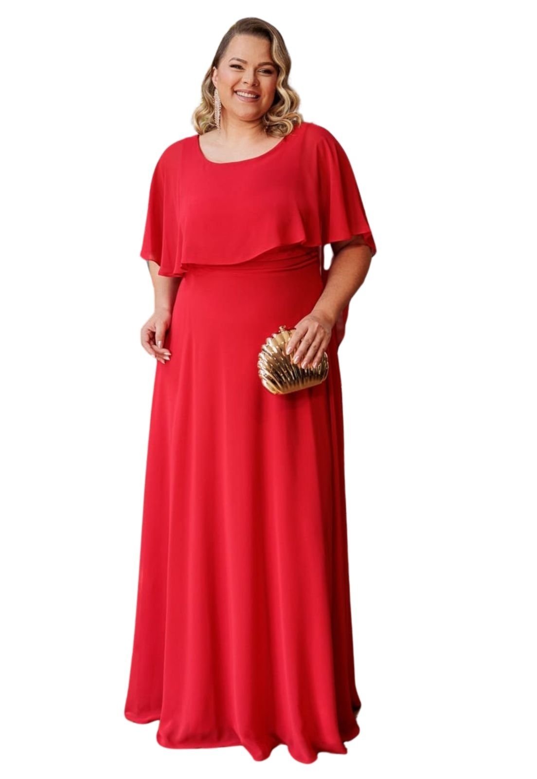 Vestido Longo de Festa Madrinhas Plus Size Curvy Clássico Gola Rendonda Crepe Elegante Junié Vermelho
