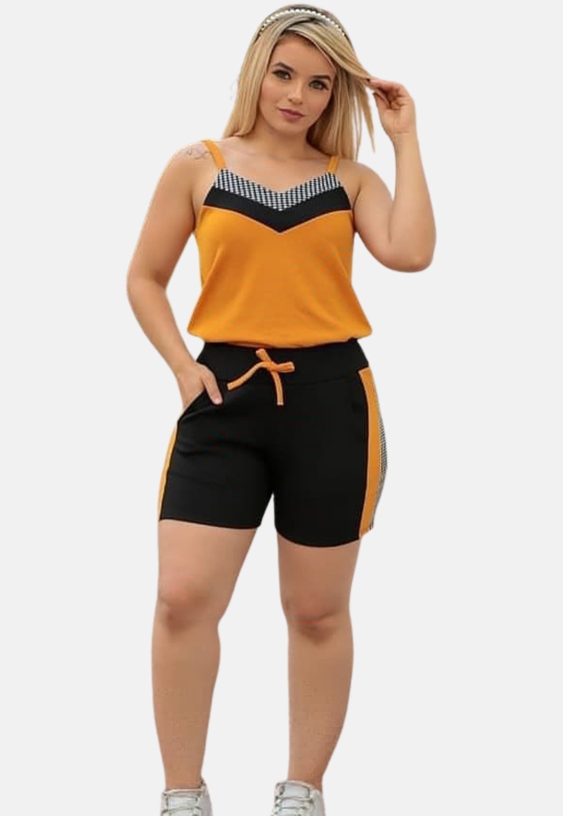 Conjunto Feminino Blusinha Summer Body Regata E Shorts Mostarda Xadrez