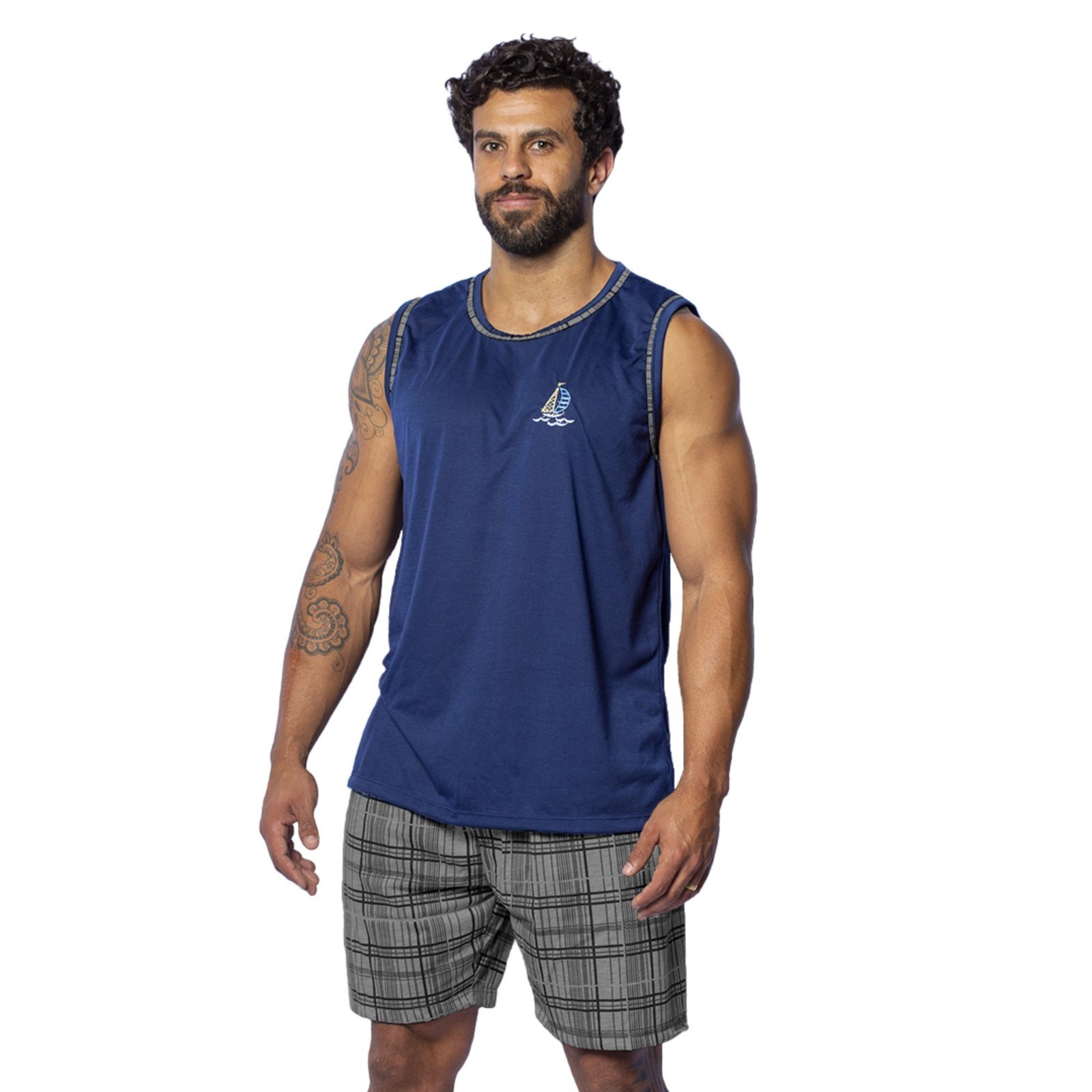 Pijama Tetê Variedades Regata Masculino Malha Traje de Dormir Confortável Short Estampado Conjunto de Verão Marinho Pijama Tetê Variedades Regata Masculino Malha Traje de Dormir Confortável Short Estampado Conjunto de Verão Marinho