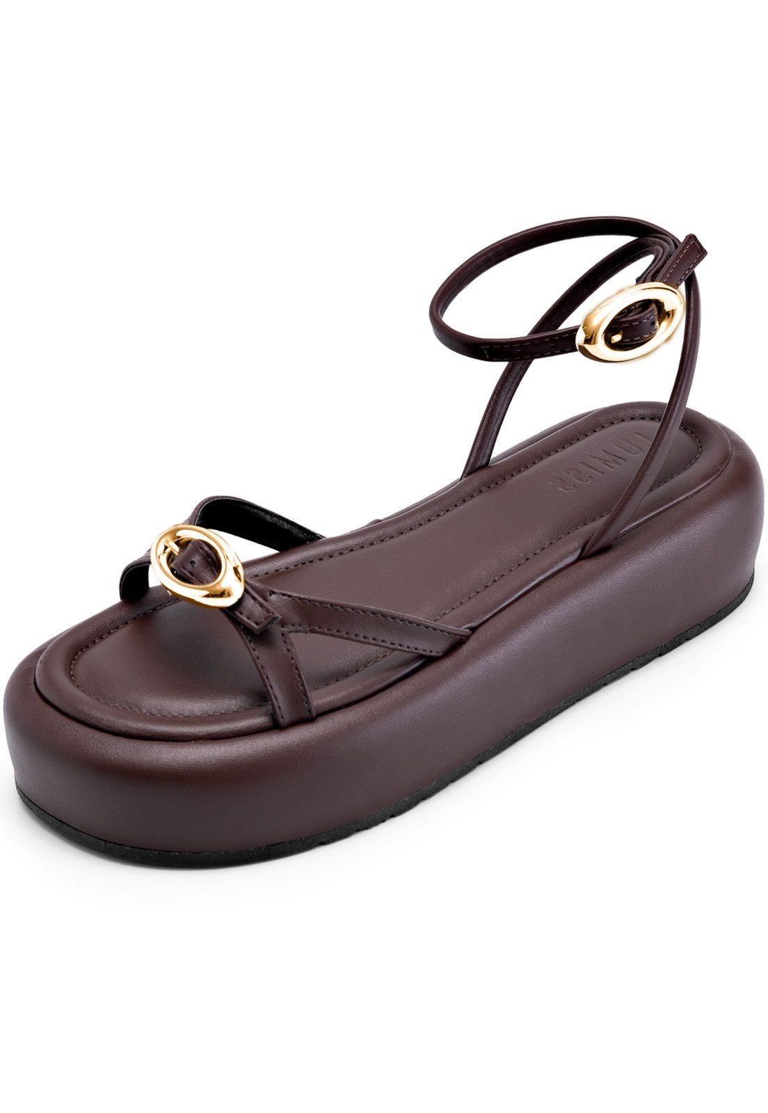 Sandália Feminina Lumiss Flatform Confortável Fivelas Dourada Tiras Finas Marrom