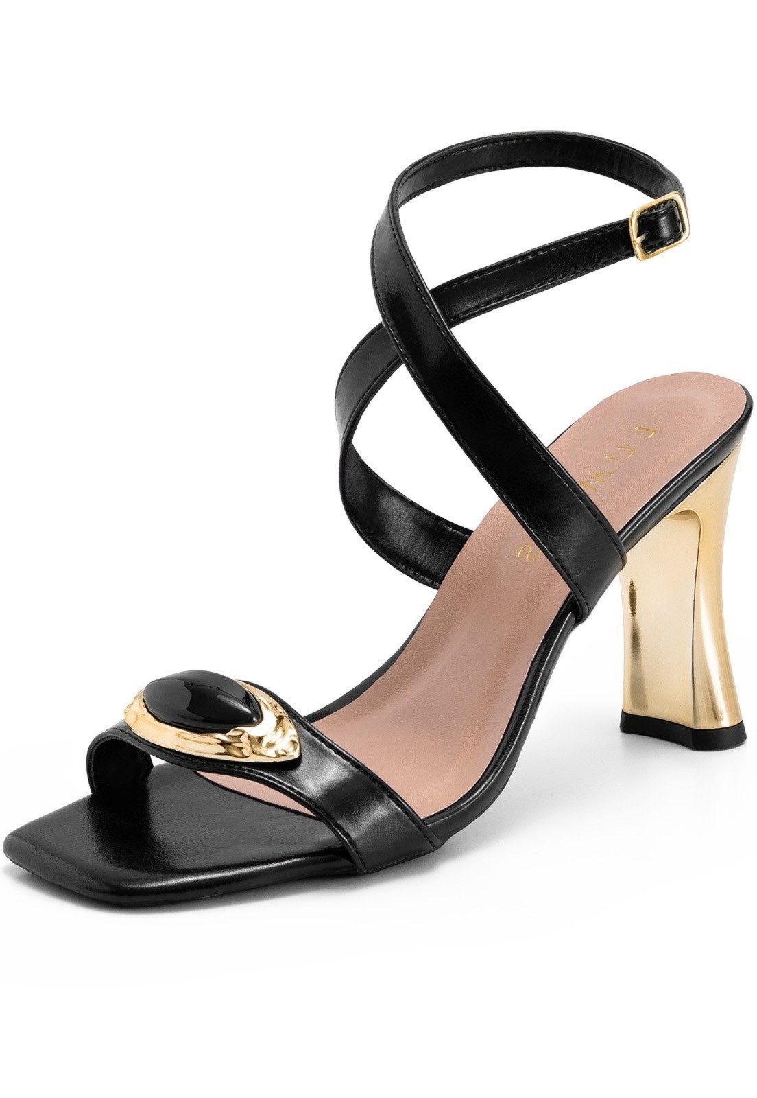 Sandália Feminina Lumiss Salto Alto Bloco Metalizado Dourado Enfeite Pedra Blogueira Preto